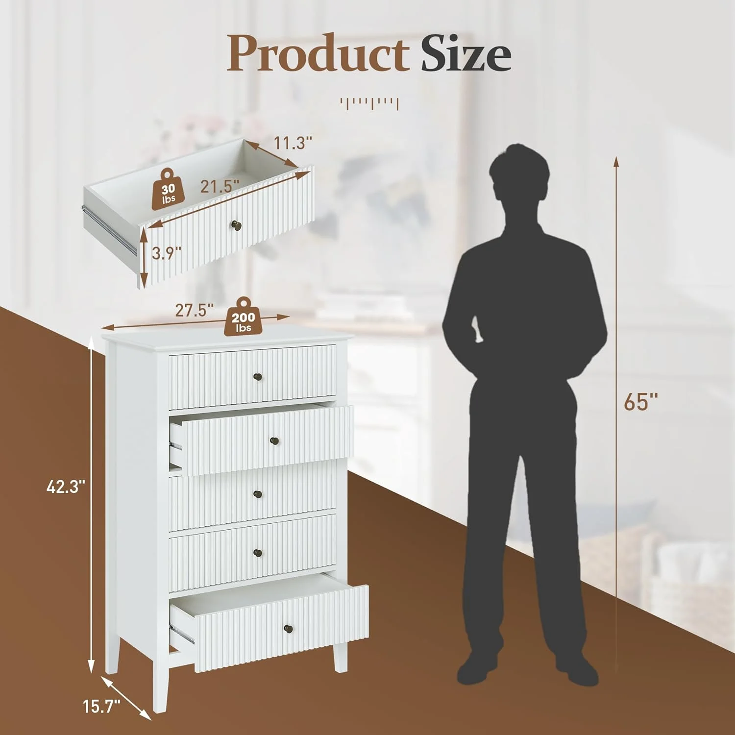 CozyHom 5 Drawers Tall White Dresser Cabinet, Wood Storage Cabinet Organizer for Living Room, Nursery, Hallway, Entryway, White