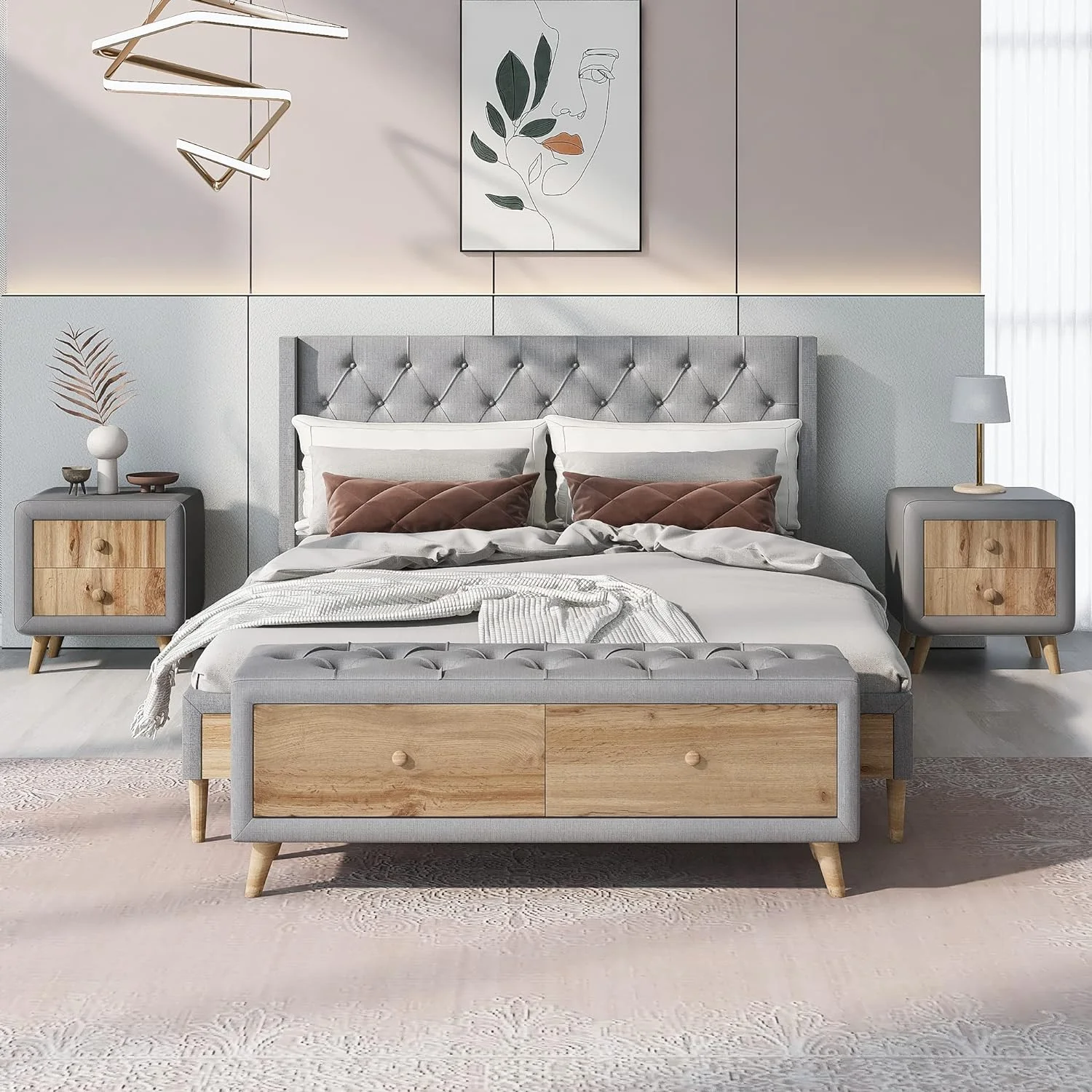 Bedroom Sets, 4-Pieces Queen Size Upholstered Platform Bed With 2 Nightstands And Storage Bench, Bedroom Furniture Sets, Queen Bedroom Sets, Gray