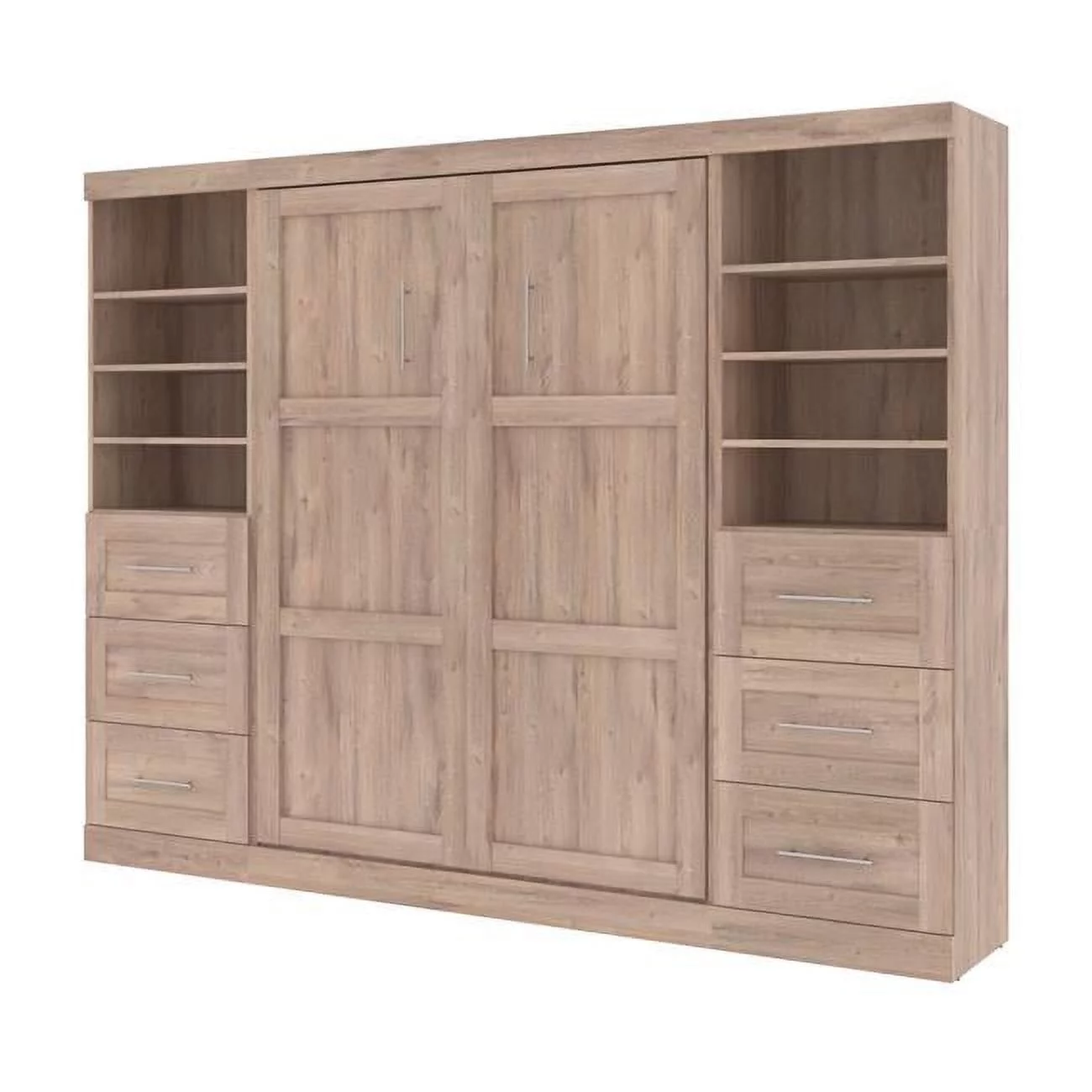 Bestar Pur Full Murphy Bed and 2 Shelving Units w/Drawers (109W) in Rustic Brown