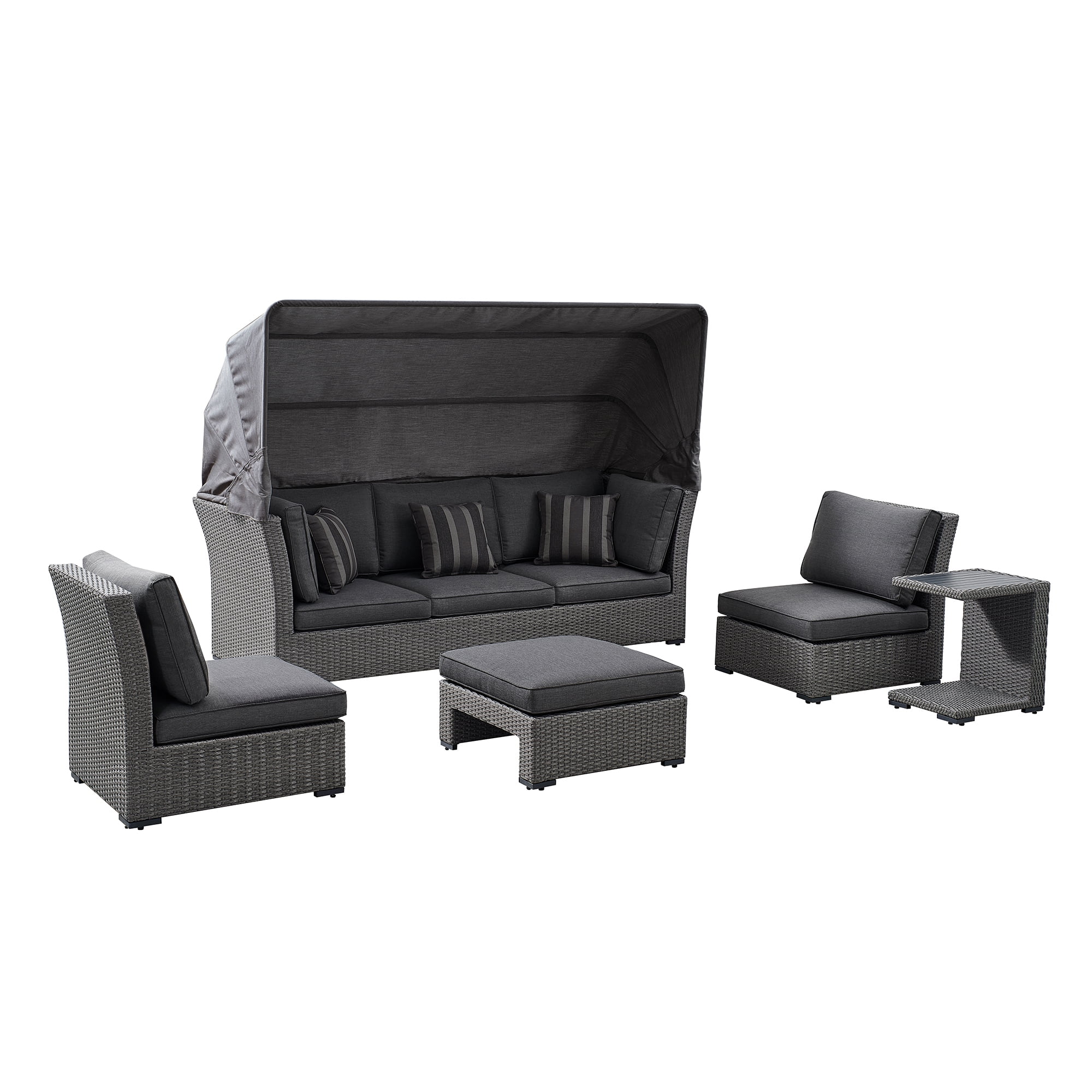 Ove Decors Long Island 5-Piece Multi Configuration Daybed Set in Gray with Seats, Ottoman and Side Table