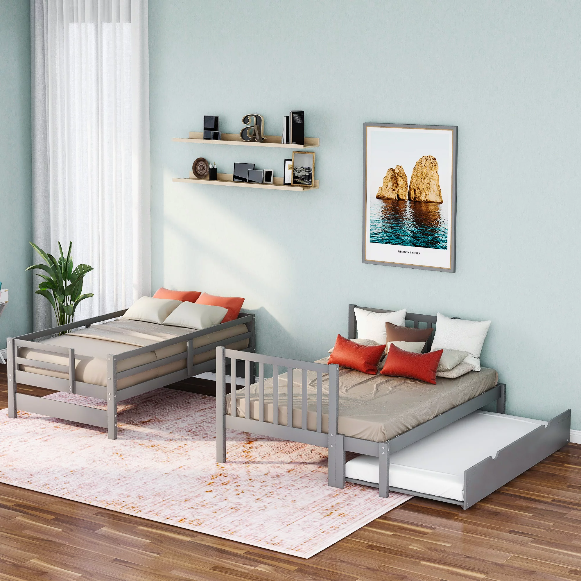 Dcenta Twin over Twin/Full Bunk Bed with Twin Size Trundle (Gray)