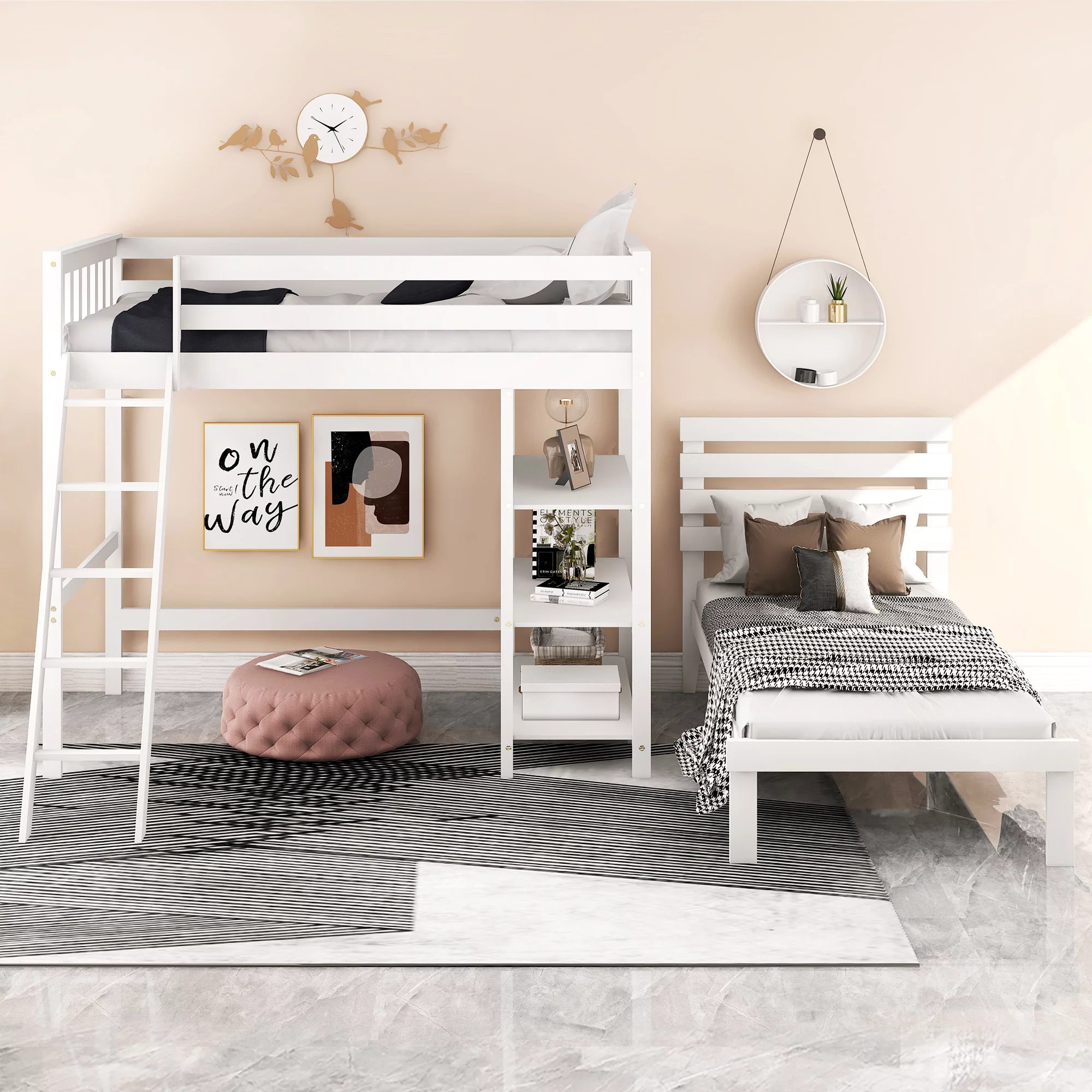 Nestfair White Twin Size Loft Bed with Separate Platform Bed and Shelf