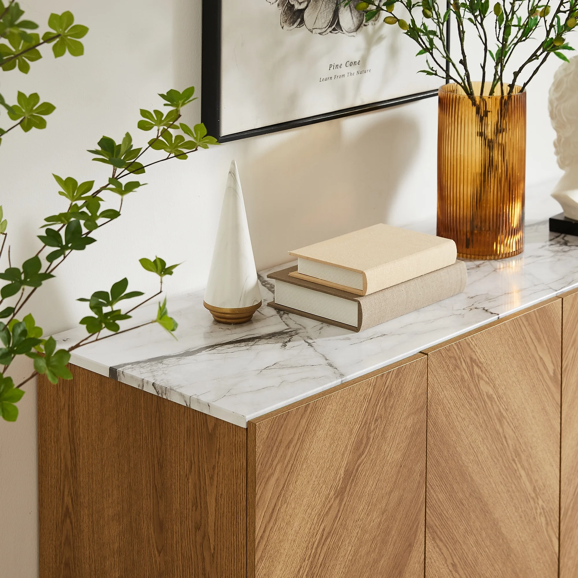 Roomfitters 57” Mid Century Modern TV Stand, Herringbone Pattern Buffet Cabinet Sideboard Credenza, Marble Top Media Console Entertainment Center for Living Room, Entryway (Oak Wood, Gold Metal Legs)