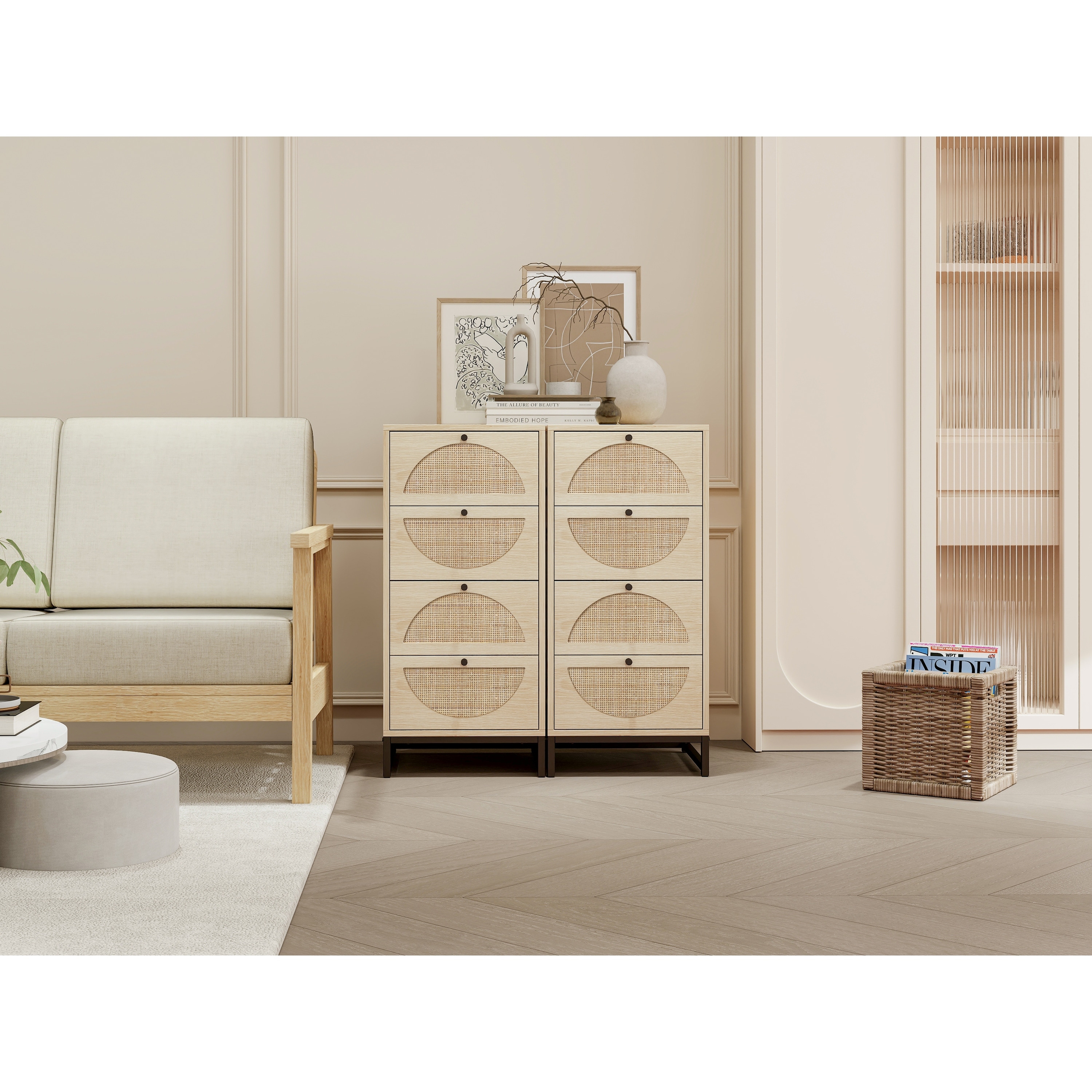 Set of 2 Natural Rattan Cabinets with 4 Drawers Each