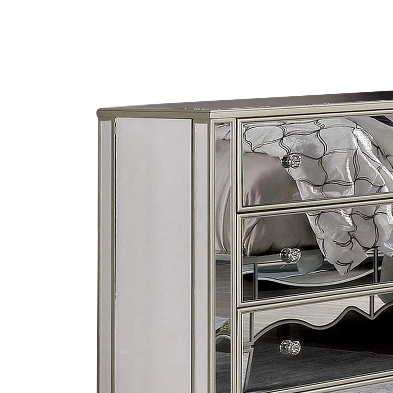 Benjara Dresser with Crystal Knobs and Mirror Panels, Silver