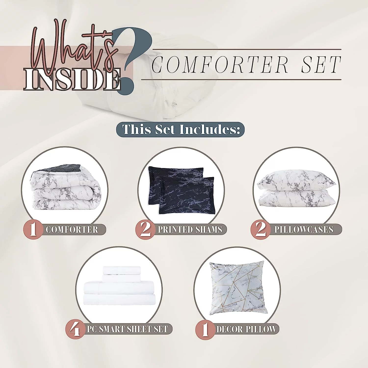 Mocassi Reversible 10-Piece Marble Print Comforter Set - Includes Decorative Pillow, Fitted Sheet with Smart Pockets, Soft and Plush Medium-Weight Material, California King Size, Black/White