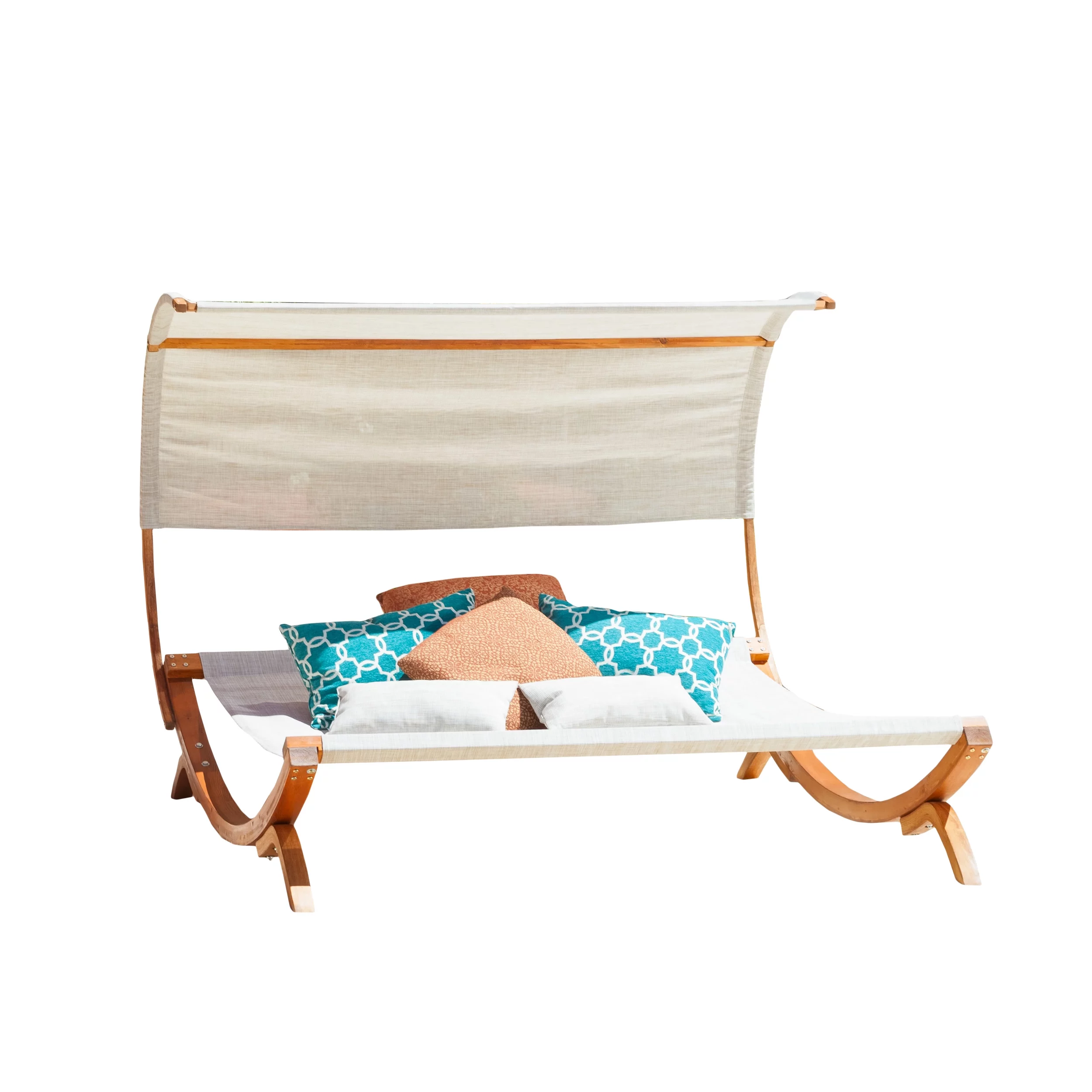 GDF Studio Rosalie Outdoor Mesh and Larch Wood Daybed with Canopy, Beige and Teak