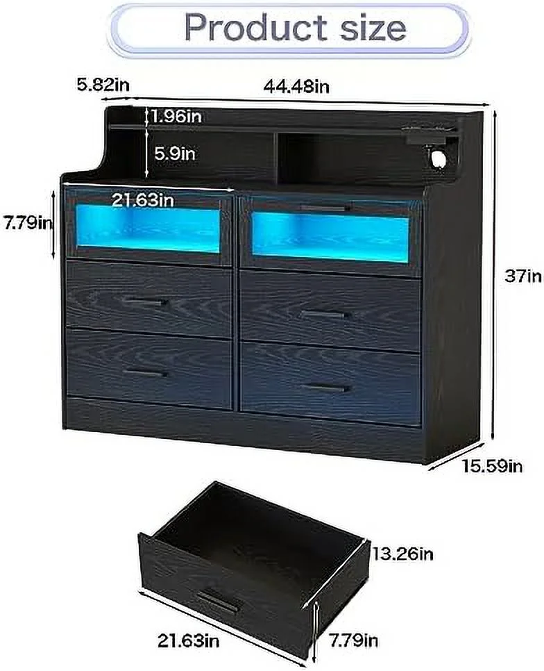TJUNBOLIFE Black 6 Drawer Dresser for Bedroom Wide Chest of Drawers with Fence&Led Lights Modern Wood Dresser with Charging Station Closet  Dresser for Living Room Hallway Entryway