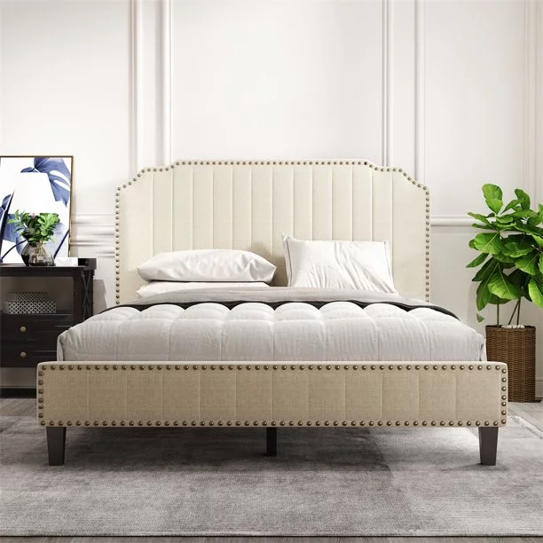 AyLzy Modern Bedroom Furniture Linen Curved Upholstered Platform Upholstered Beds with Solid Wood Frame and Nailhead Trim,Cream (Full)