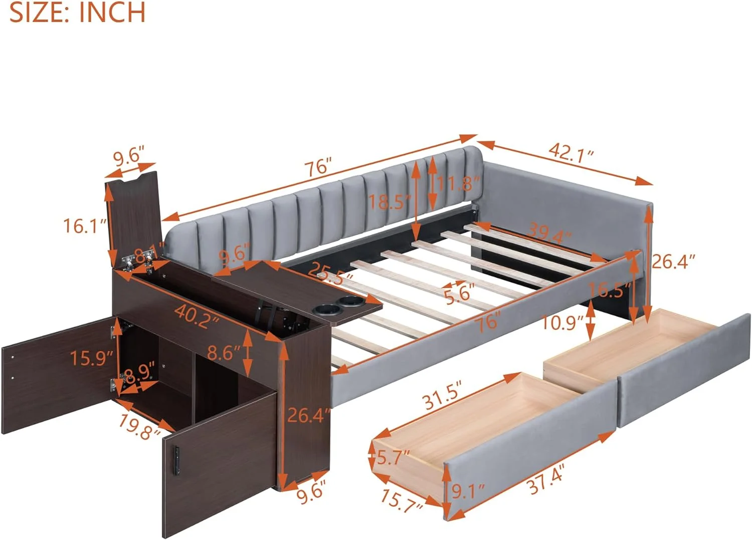 Size Upholstered Daybed With Chargig Statio Ad Storage Armrest Ad 2 Drawers, Multi-Fuctioal Velvet Daybed With Cup Holder Ad A Set Of USB Ports Ad Sockets For Livig Room Bedroom, Gray