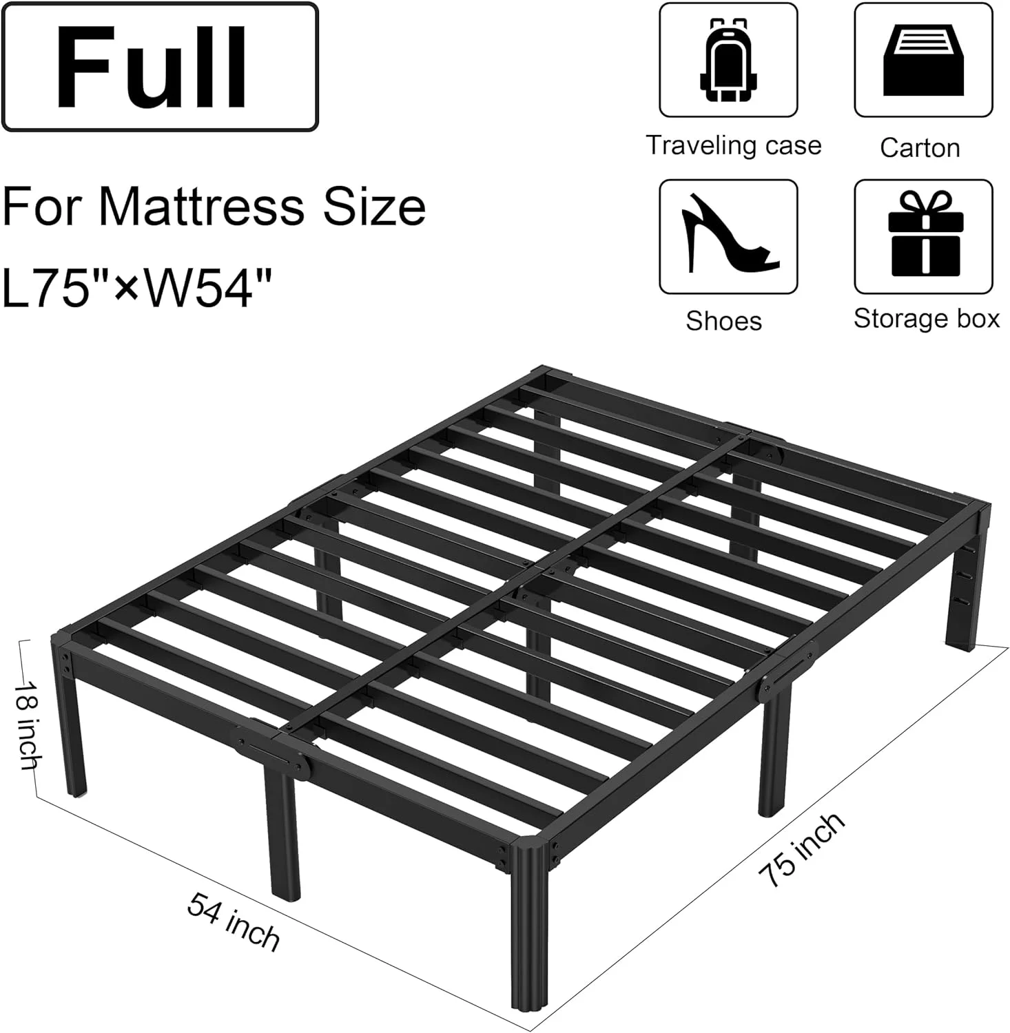 VHAHA Black Metal Bed Frame Full with Storage, 18 Inch Full Size Bed Frame No Box Spring Needed, Heavy Duty Bedframe with Round Corner Leg, Easy Assembly, No Squeak