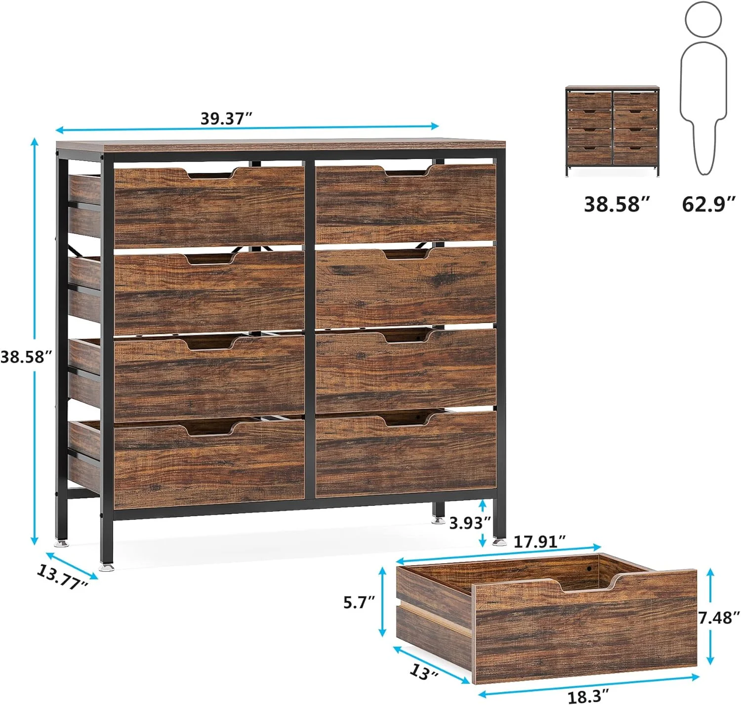 8 Drawer Dresser Wooden Tall Chest of Drawers with Ventilation Drawers Dresser for Bedroom Living Room Entryway Rustic Brown