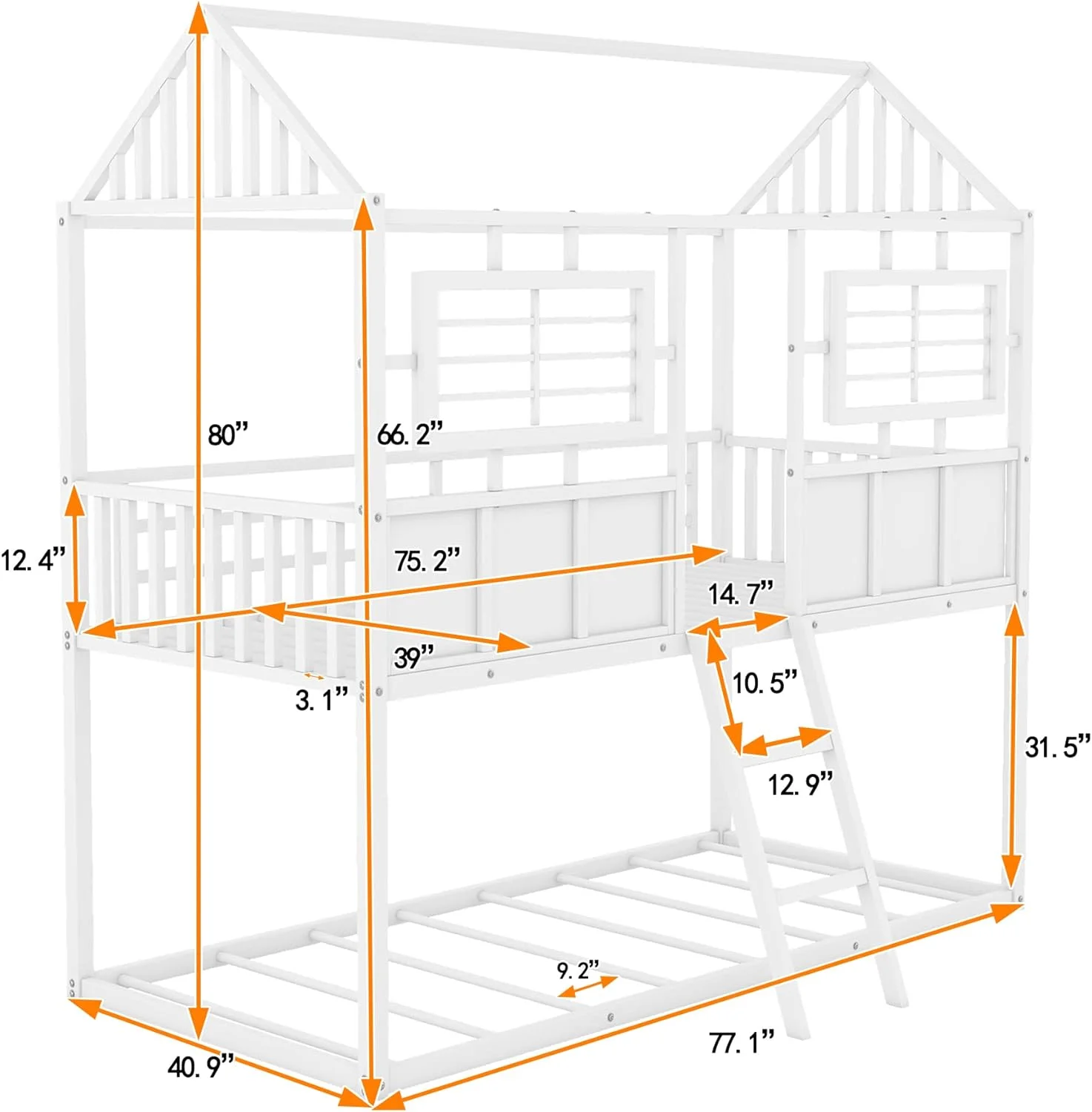 House Buk Bed Over Low Buk Bed Metal Frame With Roof Ad Fece-Shaped Guardrail, For Kids Tees Girls Boys (White)