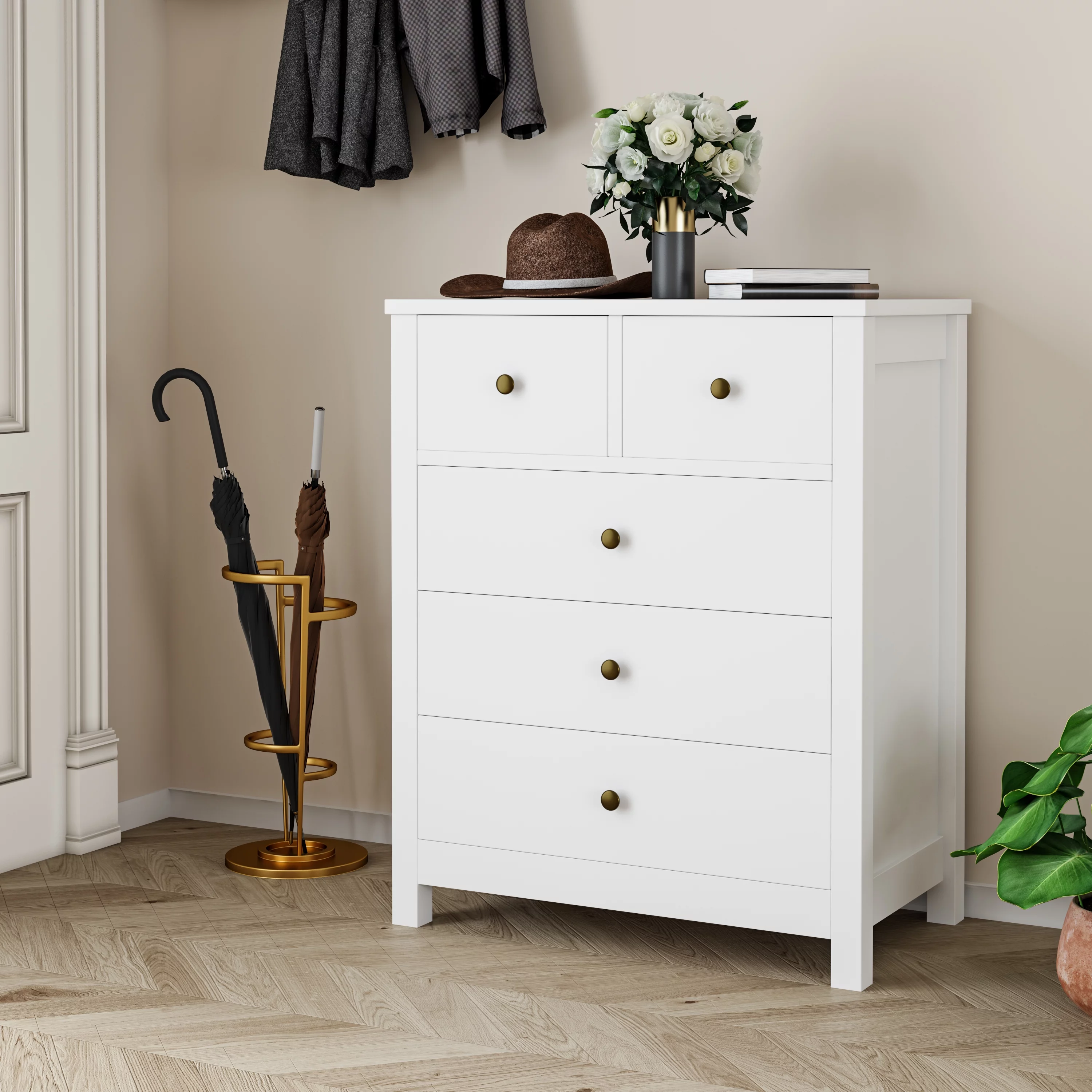 WhizMax Sleek 5-Drawer Dresser with Ample Storage Space and Anti-Tipping Device for Modern Bedroom or Living Room in White