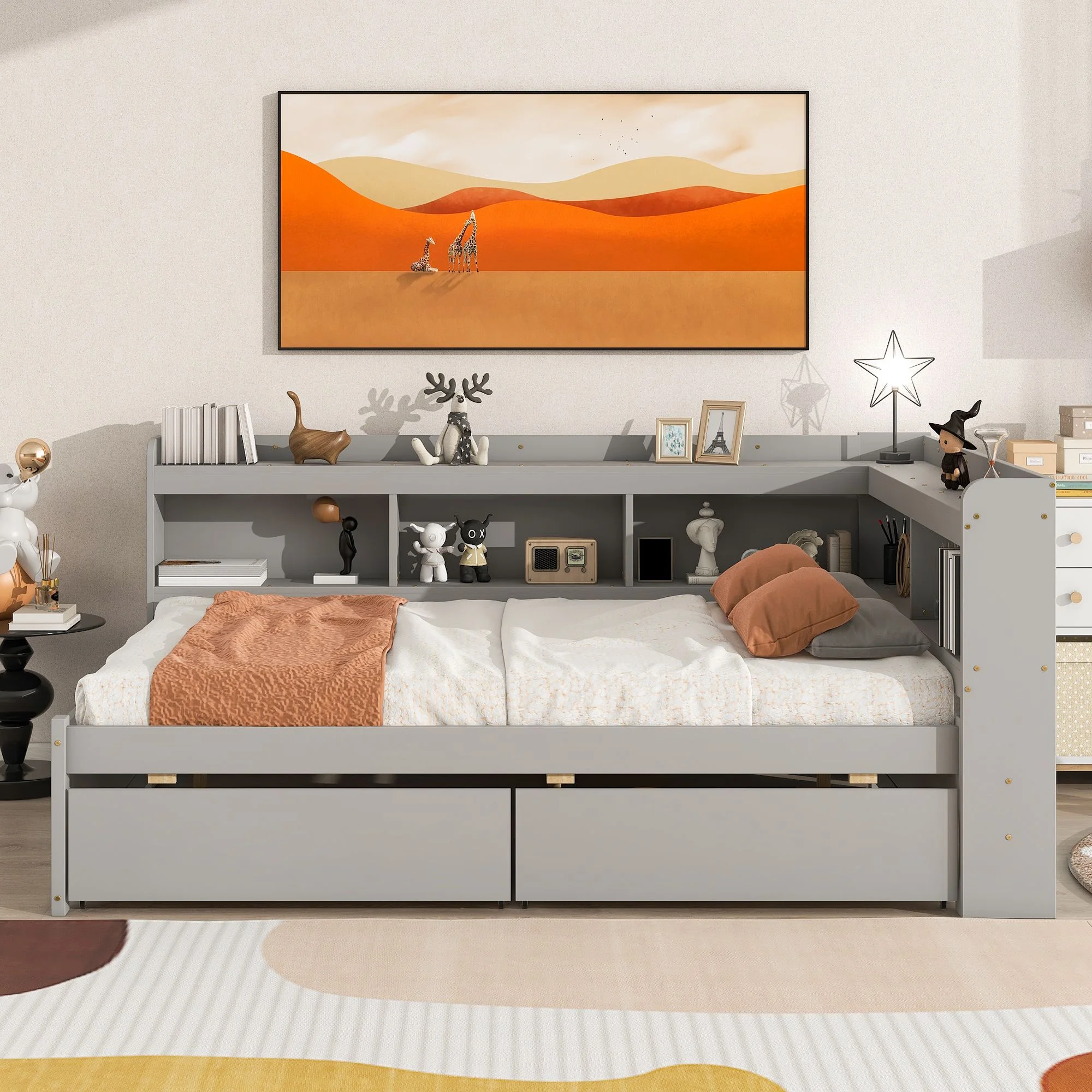 Elegant Design Daybed with L-shaped Bookcases,Drawers, Pine Wood Day Bed with Maximized Space for Living Room/Bedroom, Slats Support Wooden Sofa Bed for Teens Adults