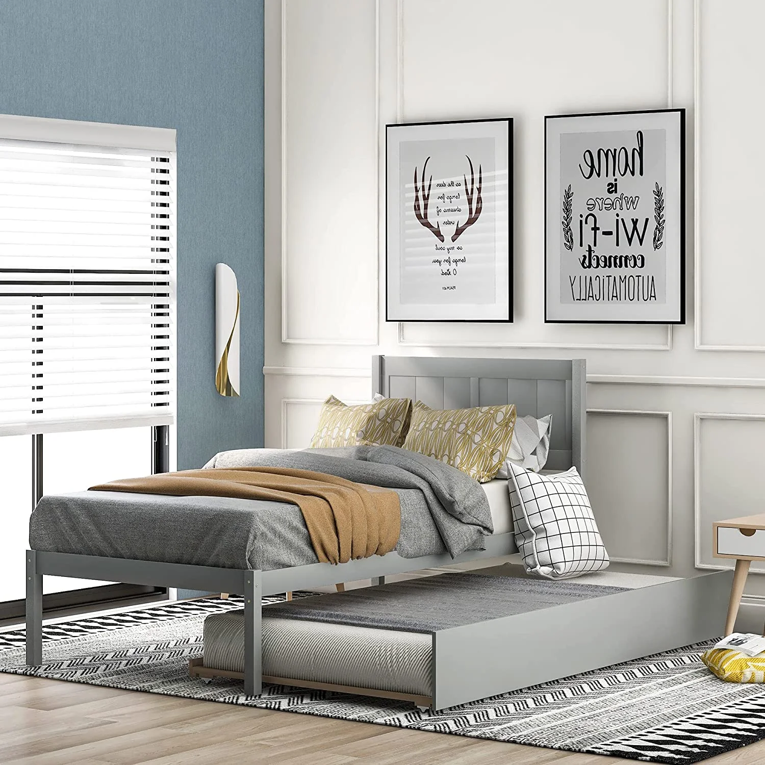 Wood Platform Bed With Trundle, Size Bed Frame With Headboard, Pull Out Trundle Bed For Kids Teens Guests Bedroom Living Room Furniture (Grey)