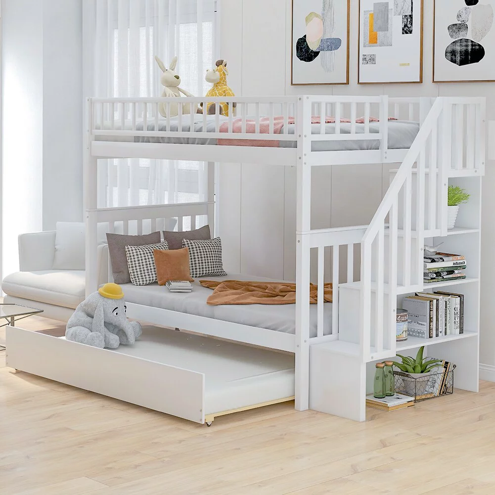 LivEditor Twin over Twin Solid Wood Bunk Bed with Trundle and Storage White