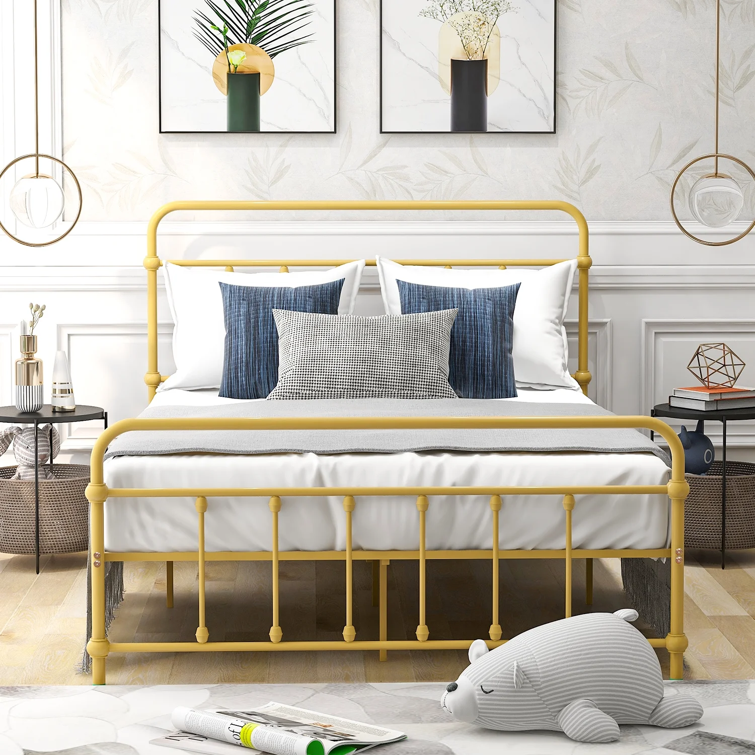 Full Size Metal Platform Bed with Headboard and Footboard, Iron Bed Frame for Bedroom, No Box Spring Needed ,Yellow