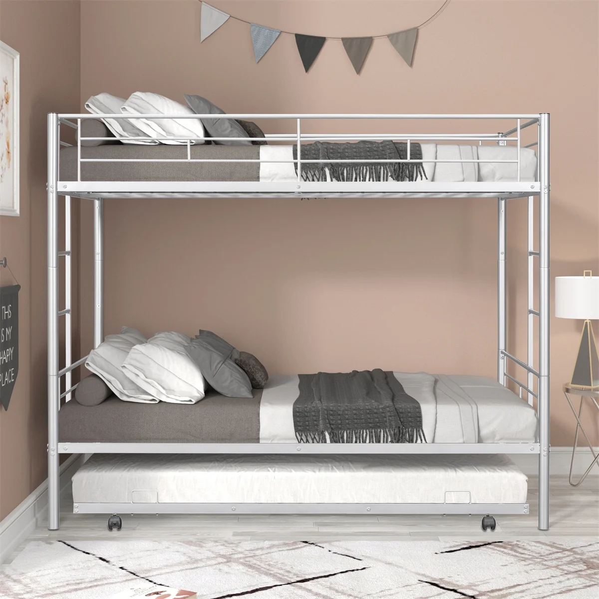 Heavy-duty Twin over Twin Bunk Bed with Trundle, Can Be Separated into 2 Twin Beds, Noise Reduced, Safety Guardrail, Trundle for Flexible Space, Bunk Bed for Three, CPC Certified