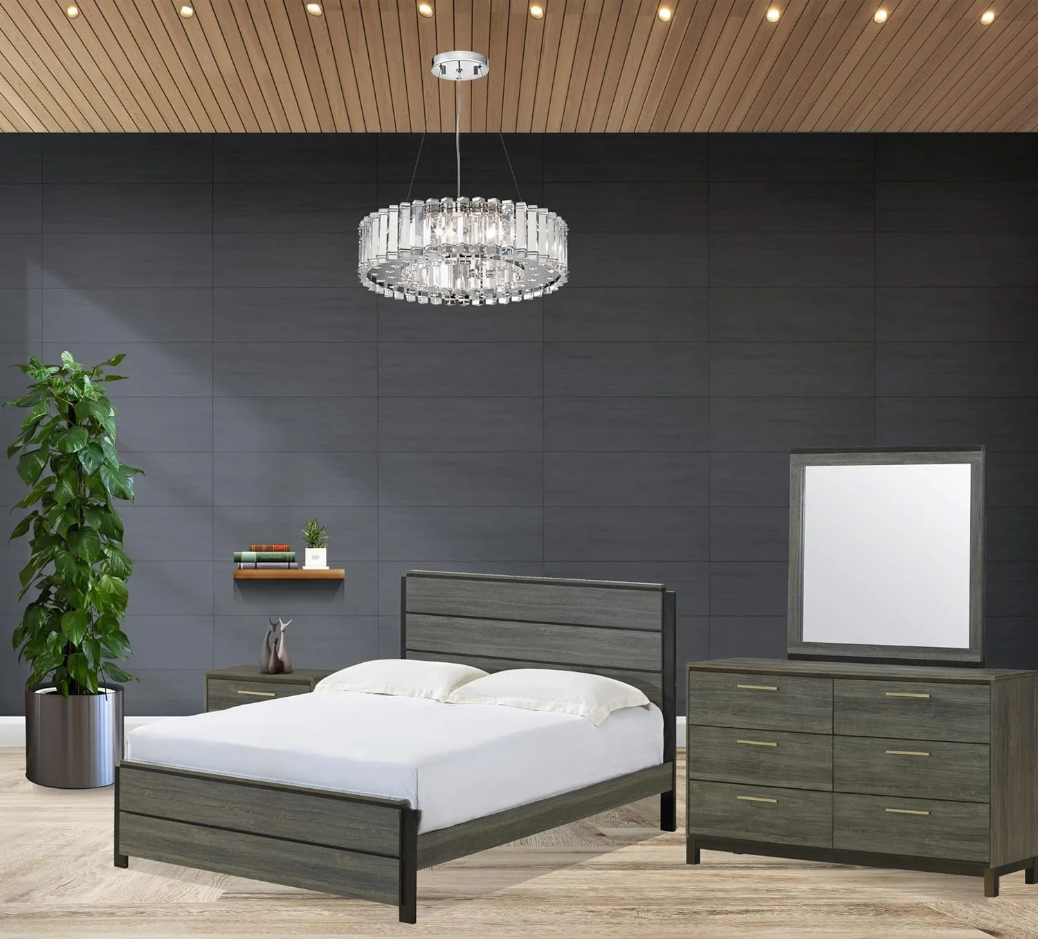 Kings Brand Furniture - Exeter Antique Grey Finish Wood Queen Size Bed Bedroom Set. Bed, Dresser, Mirror & Night Stand