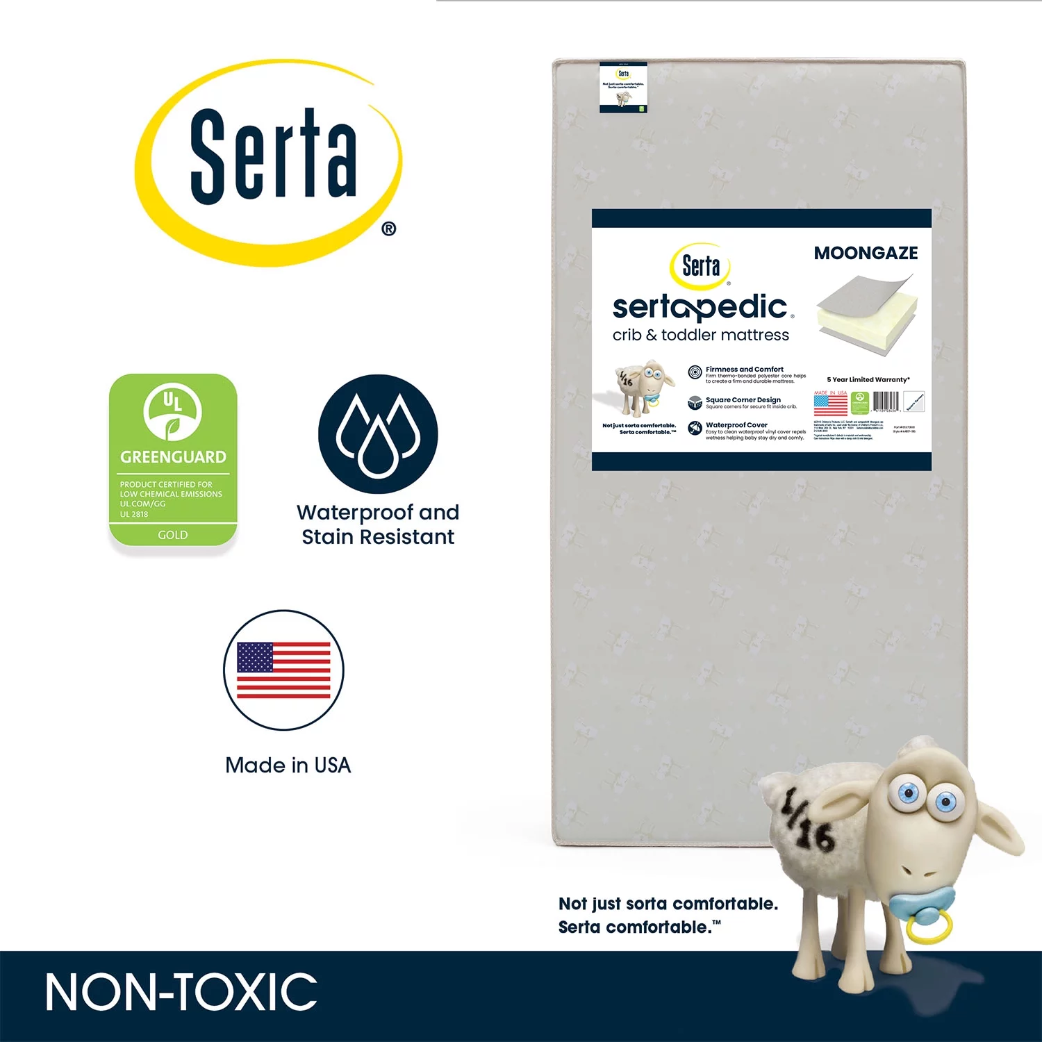 Serta Sertapedic Moongaze 5-inch Dual Sided Standard Baby Crib & Toddler Mattress- Sustainably Sourced Fiber Core - Waterproof - Lightweight - GREENGUARD Gold Certified (Non-Toxic) - 5 Year Warranty