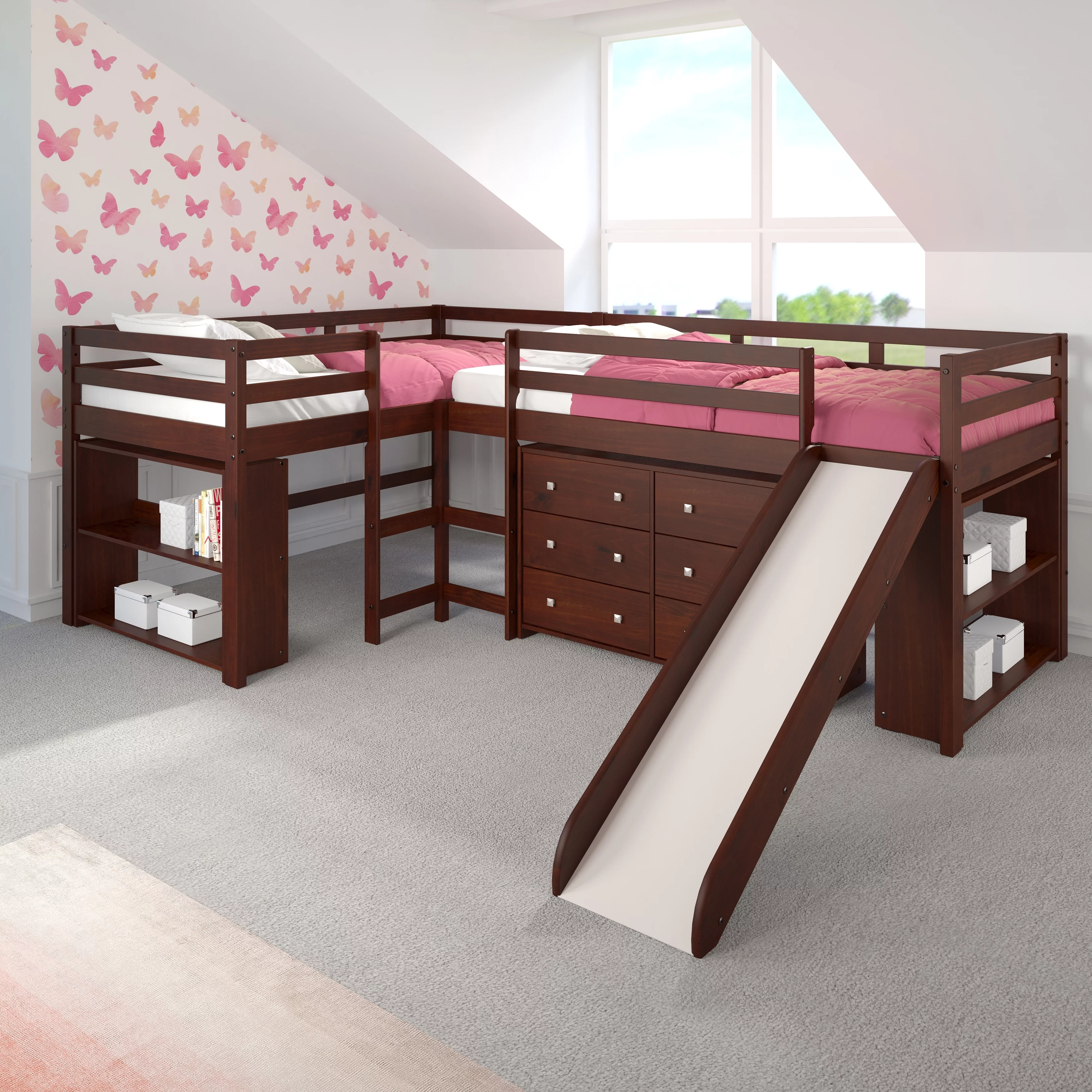 Double Twin L-Shaped Slide Loft Bedroom Set in Dark Cappuccino With Three Bookcases Three Bookcases Brushed