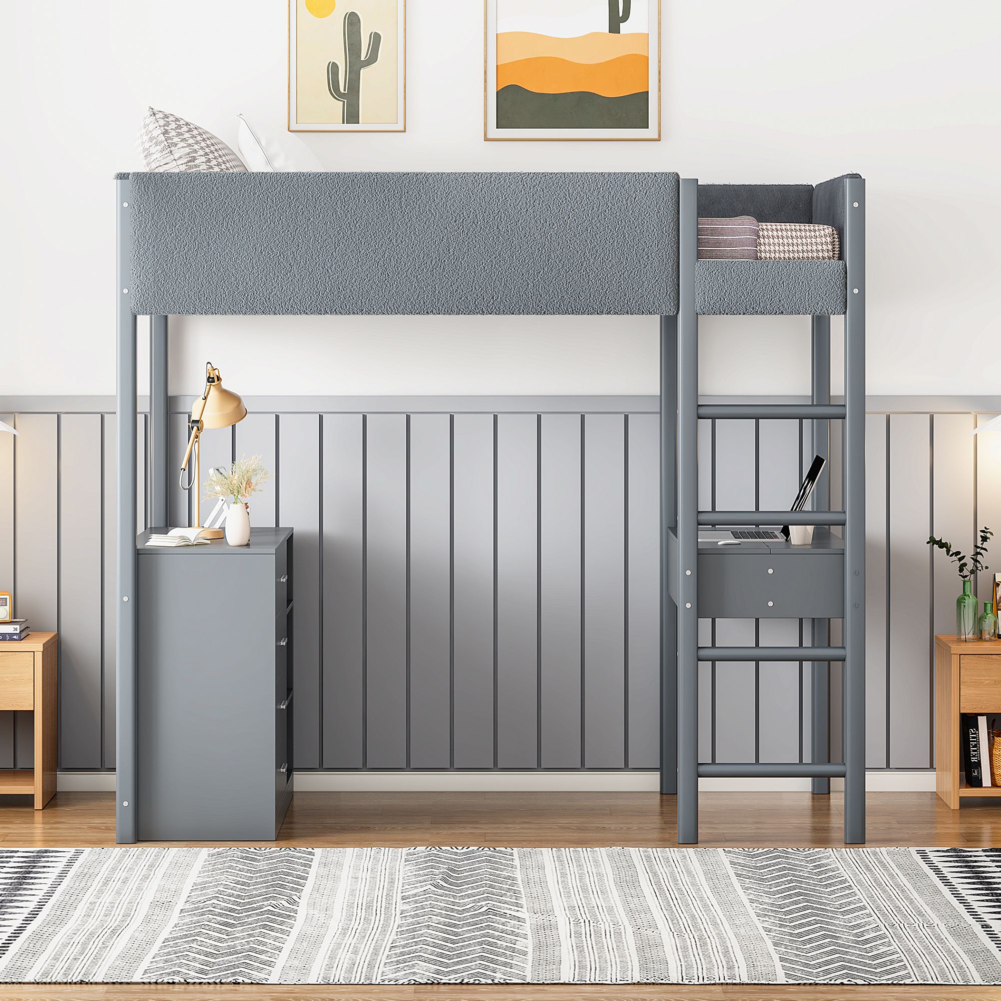 Loft Bed with Storage Shelf, Drawers and Desk, Teddy Fleece Wooden Loft Beds Frame with Convertible Desk, Soft Padding and Plush Fabric, Wood High Loft Beds with Ladder(Gray, Twin)