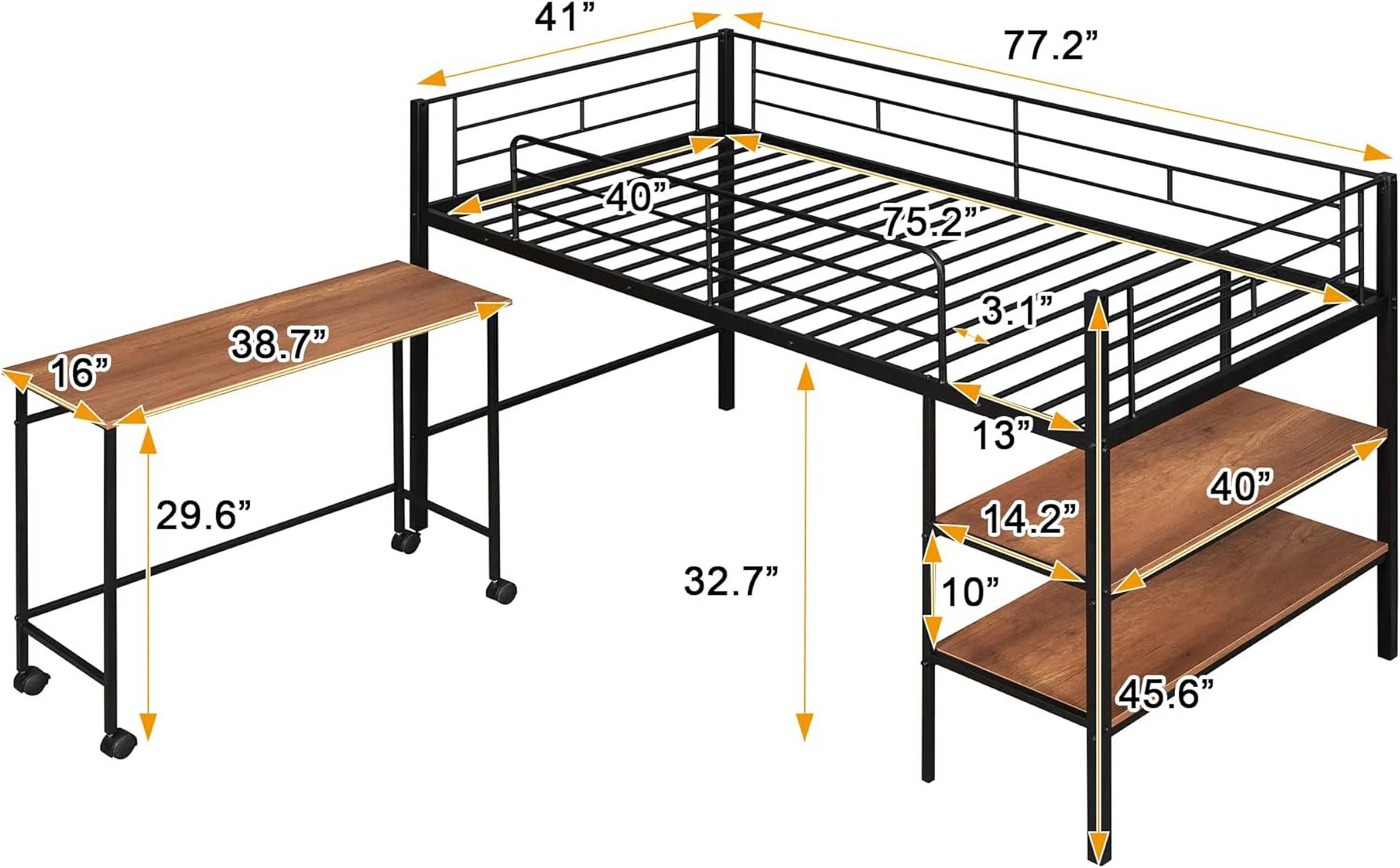 Metal Buk Bed With Rollig Desk, Ladder, Ad 2 Shelves, Size Buk Bed Space-Savig Loft Bed For Boys & Girls Tees