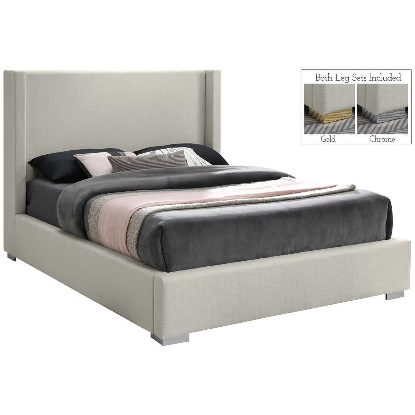 Meridian Furniture Royce Beige Linen Textured Fabric Queen Bed
