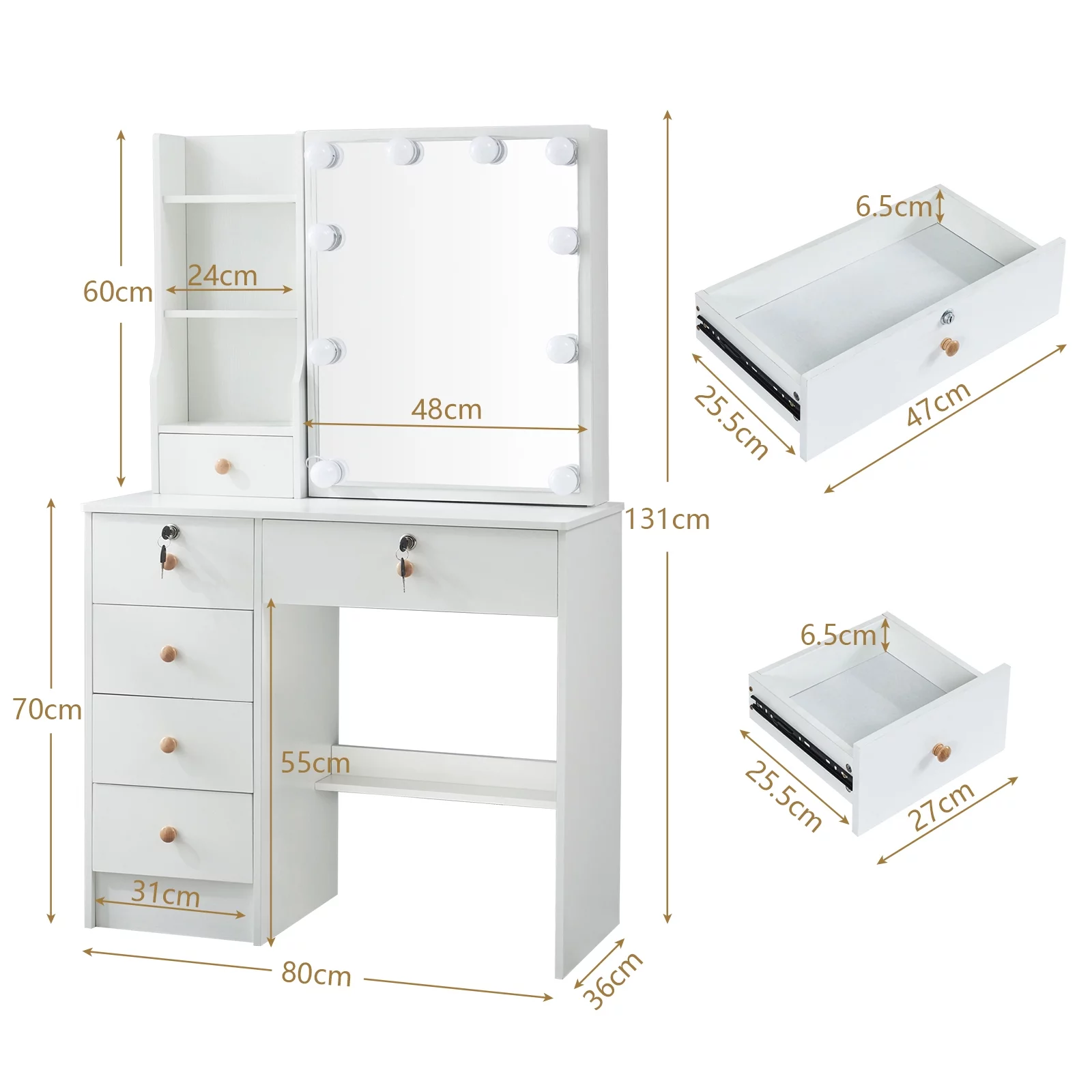 Yamissi Vanity Desk with Lighted Mirror, Modern White Vanity for Bedroom, Makeup Vanity Set with Stool, Storage Shelves and Lockable Drawers
