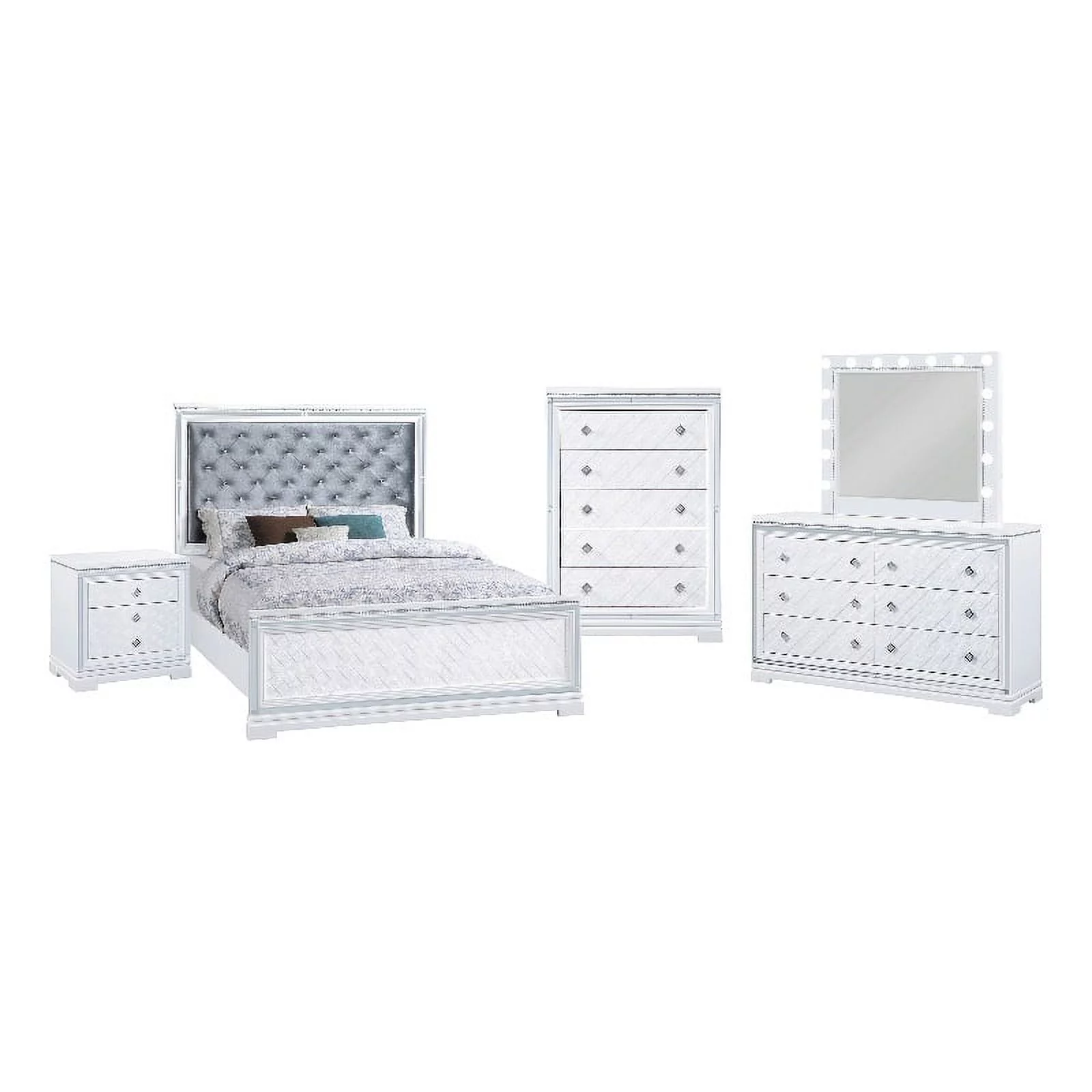 Bowery Hill 5-Piece Wood California King Bedroom Set in White/Silver