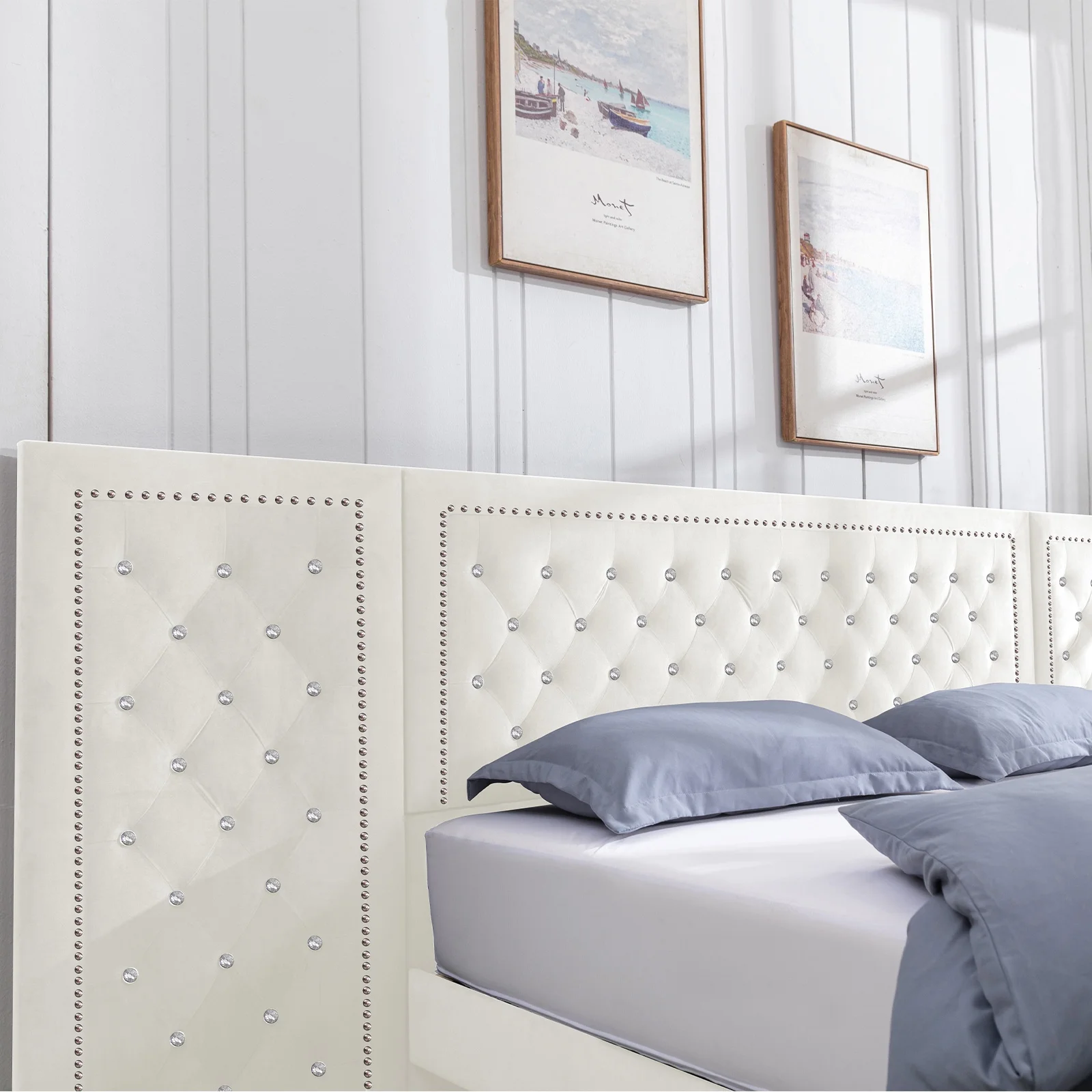 ijuicy Cal King Size Bed Frame with Oversized Wingback Headboard, Diamond Tufted Velvet Upholstered Platform Bed Frame Wooden Slats Support/No Box Spring Needed/Easy Assembly/No Mattress Beige