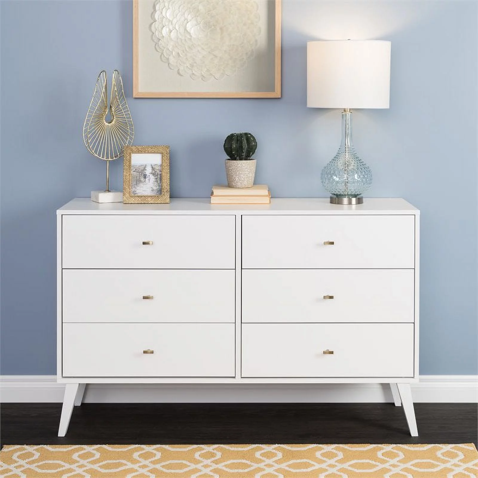 Allora Mid Engineered Wood Century Modern 6 Drawer Double Dresser in White