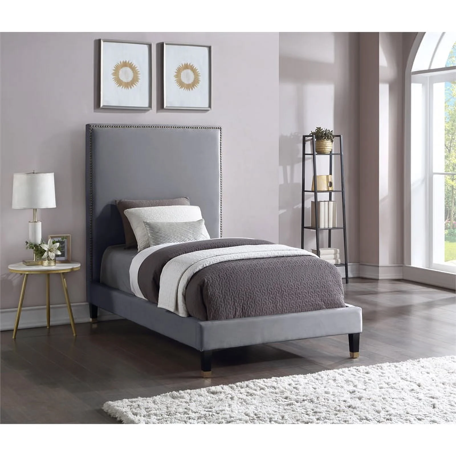 Meridian Furniture Harlie Gray Velvet Twin Bed