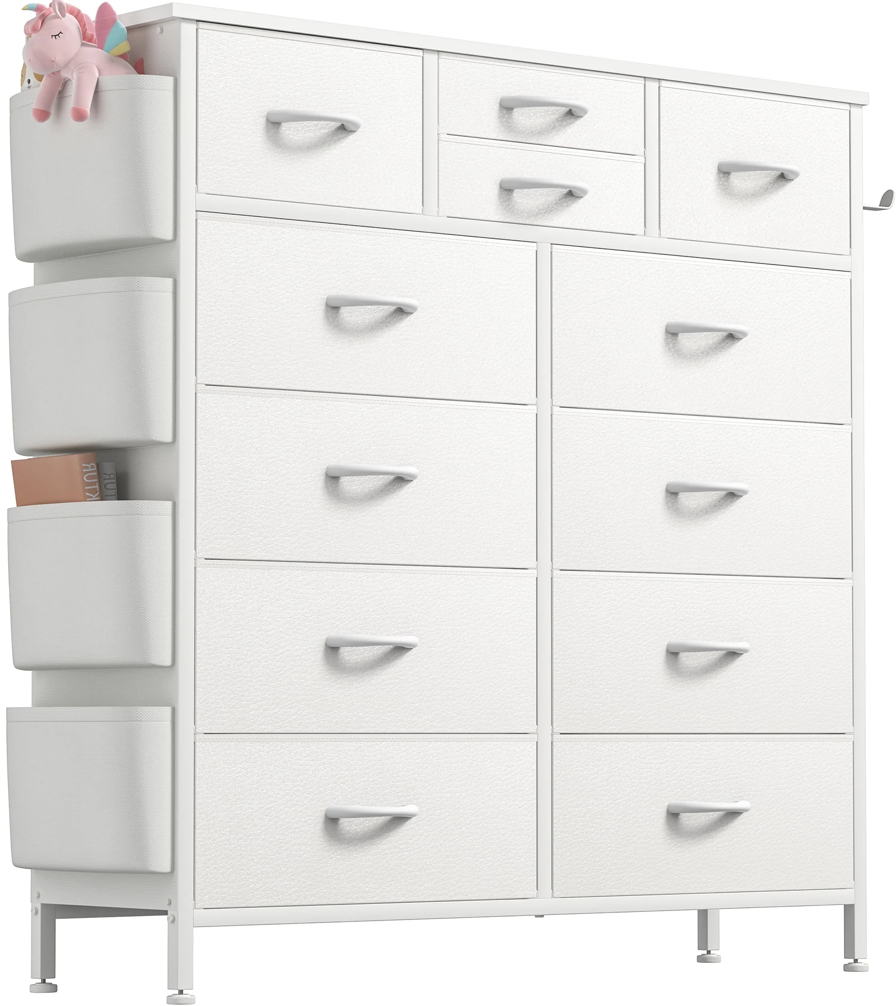 GIKPAL 12 Drawer Dresser, White Dresser Chest of Drawers Dressers for Bedroom PU&Fabric Dresser with Side Pockets and Hooks, White