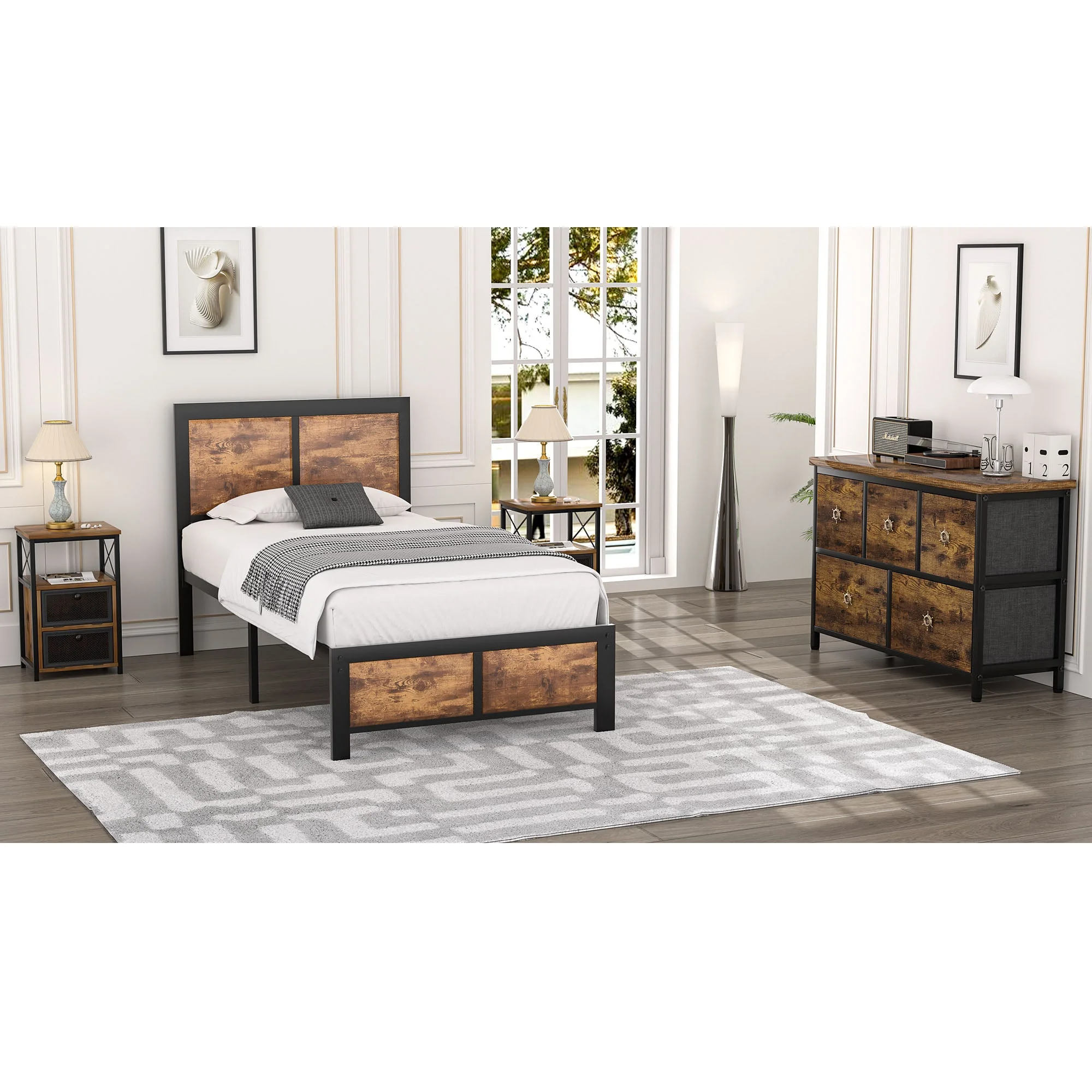 VECELO 4-Piece Twin Size Bedroom Set with Bed Frame & 5-Drawer Dresser & Two Nightstands, Brown