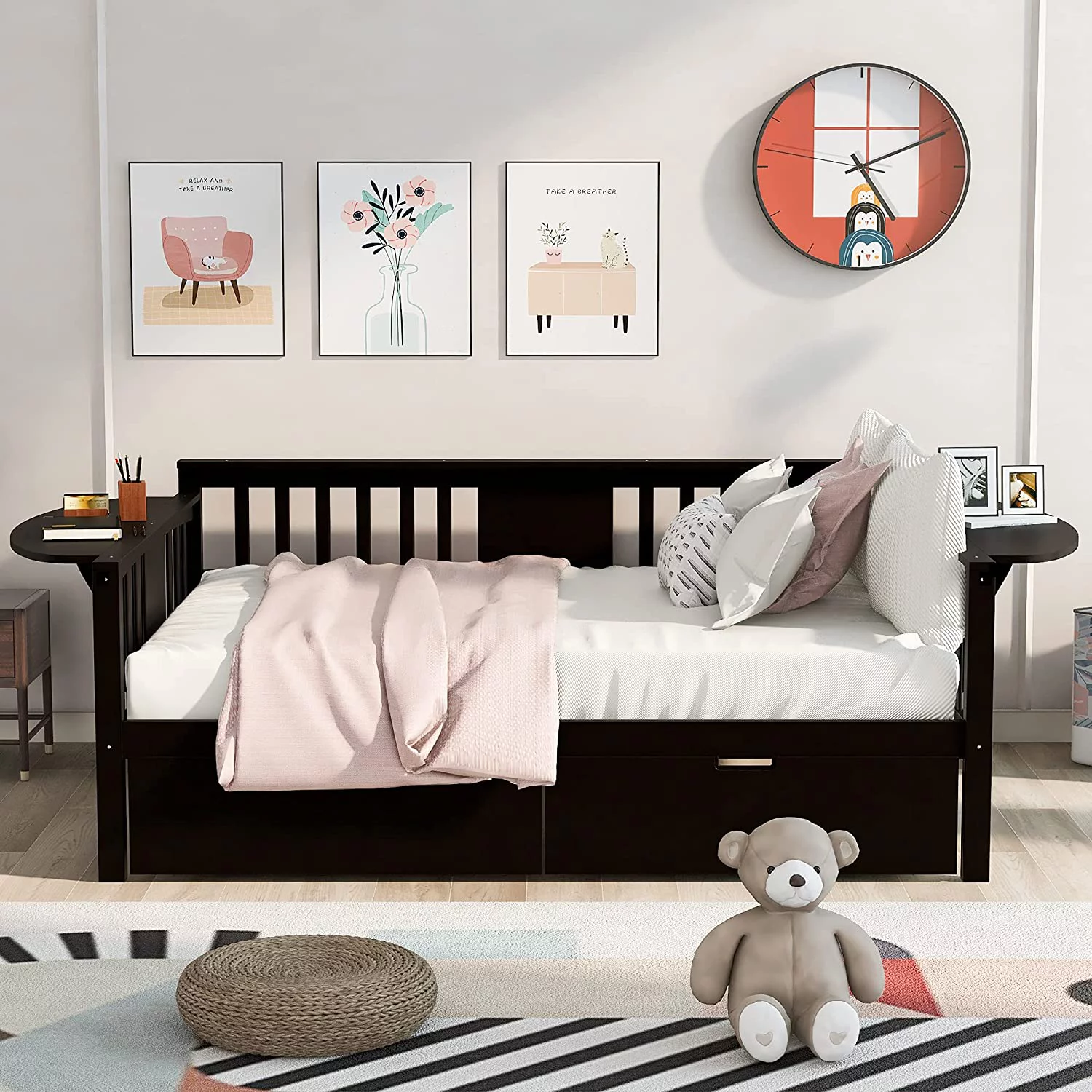 Full Size Solid Wood Daybed Full Size Bed Frame Mulifuncional Sofa Bed Wih wo Drawers For Bedroom Living Room,Espresso