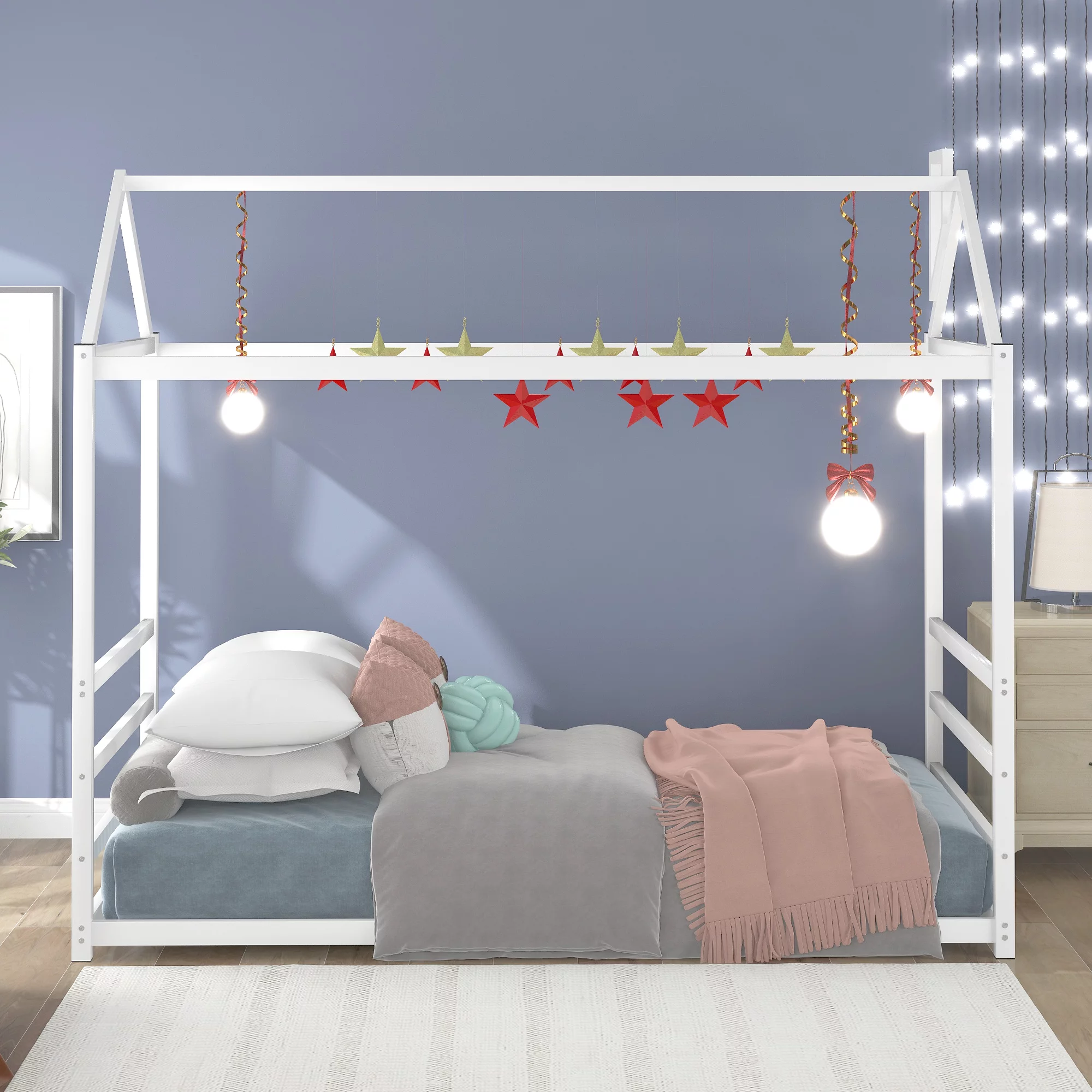 Anself House Platform Bed with Roof and Chimney Design,White
