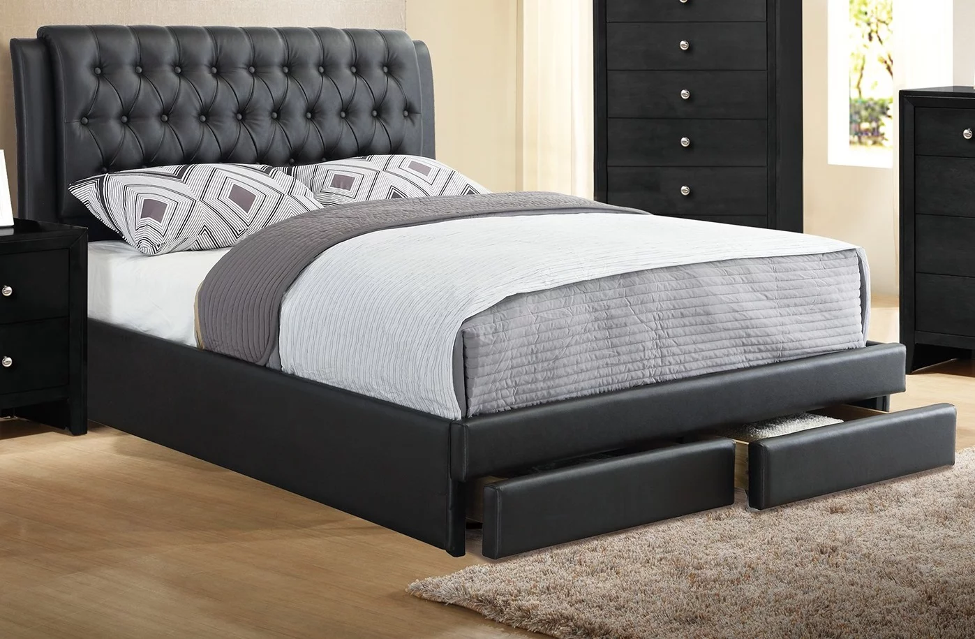 Stylish Modern Black Faux Leather Queen Size Bed 1pc Bedframe Master Bedroom Furniture Storage Footboard Tufted Headboard