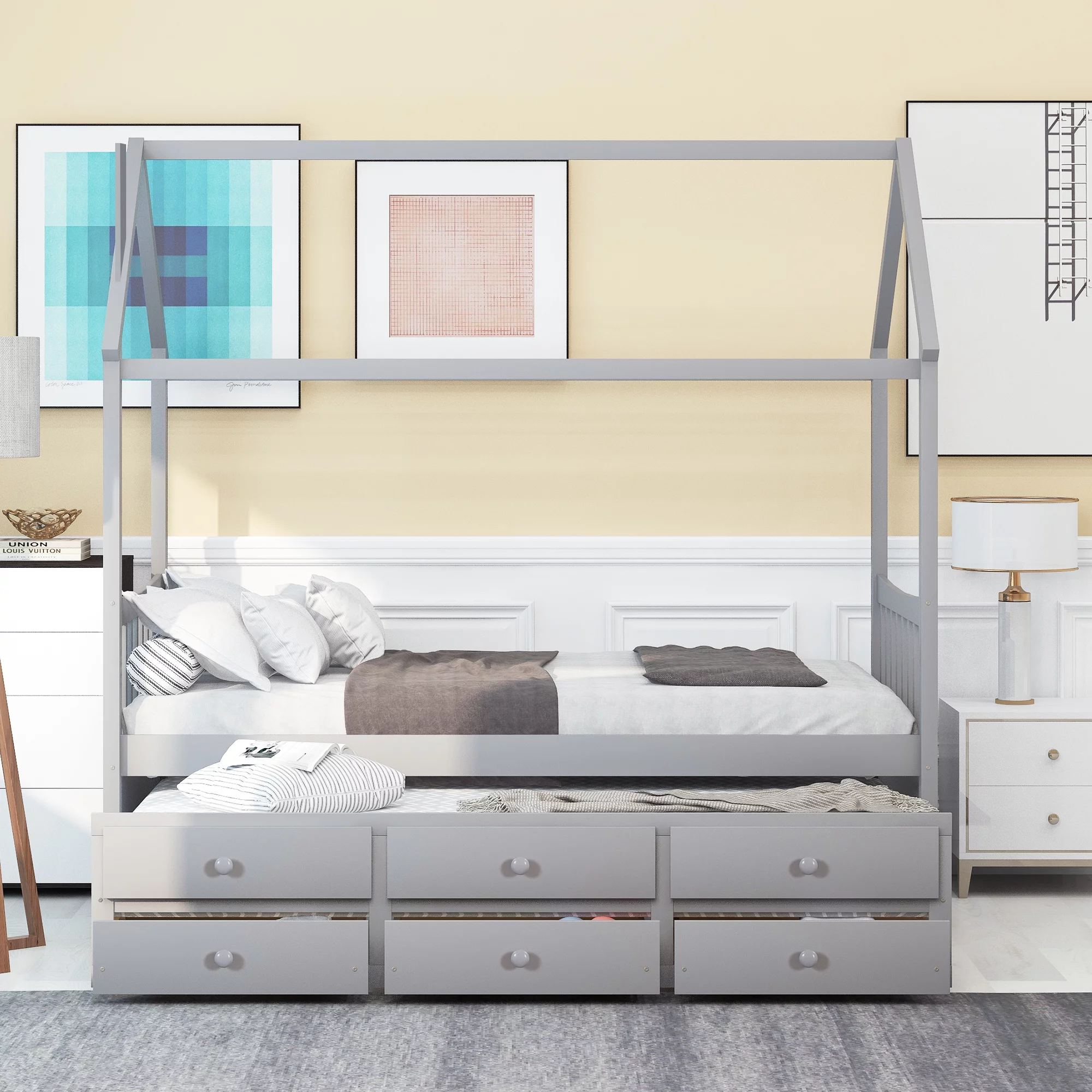 Penck Twin size Wooden House Bed with Trundle and 3 Storage Drawers-Gray