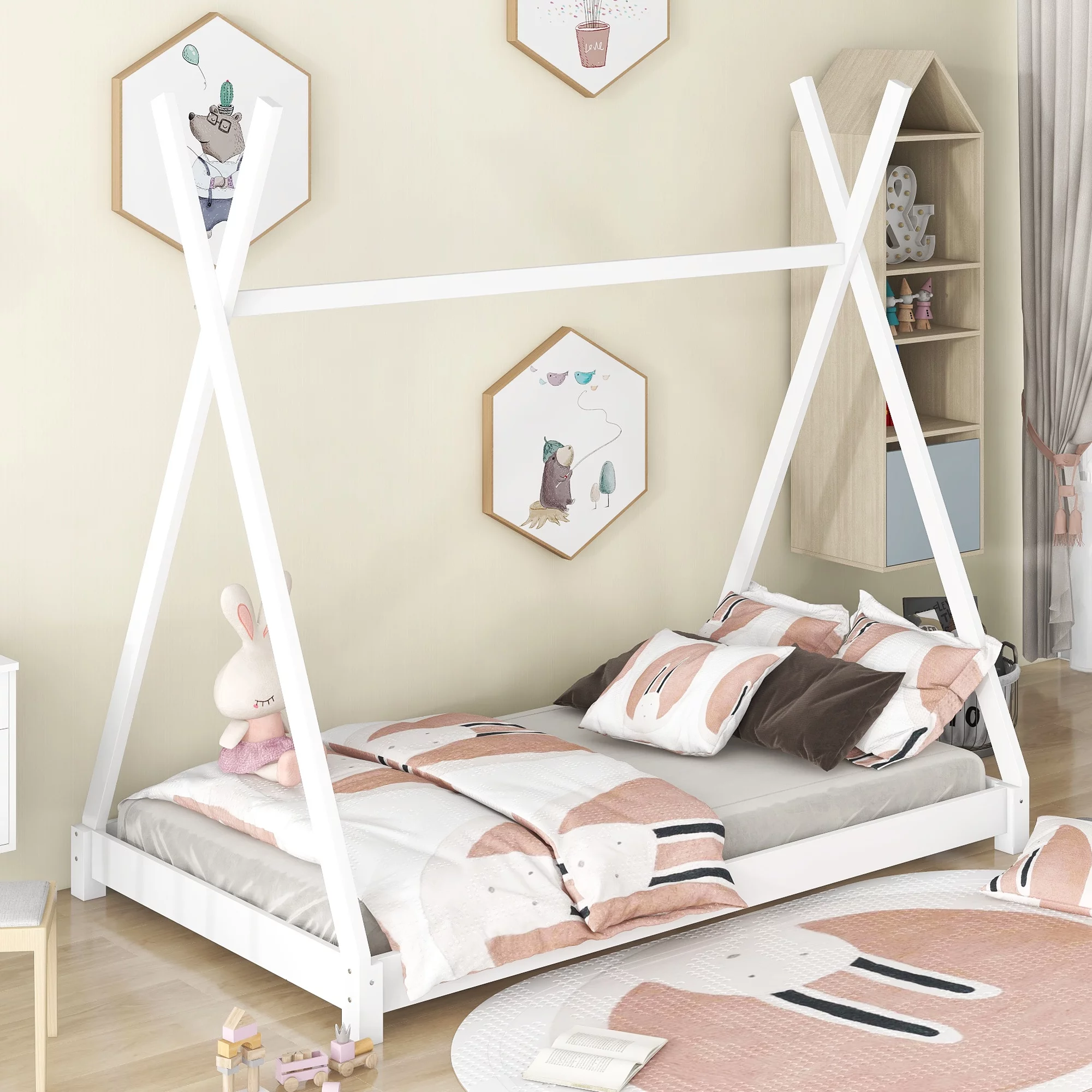 EUROCO Wood Twin Size Platform Bed for Kids, Canopy Tent Bed for Living Room, White