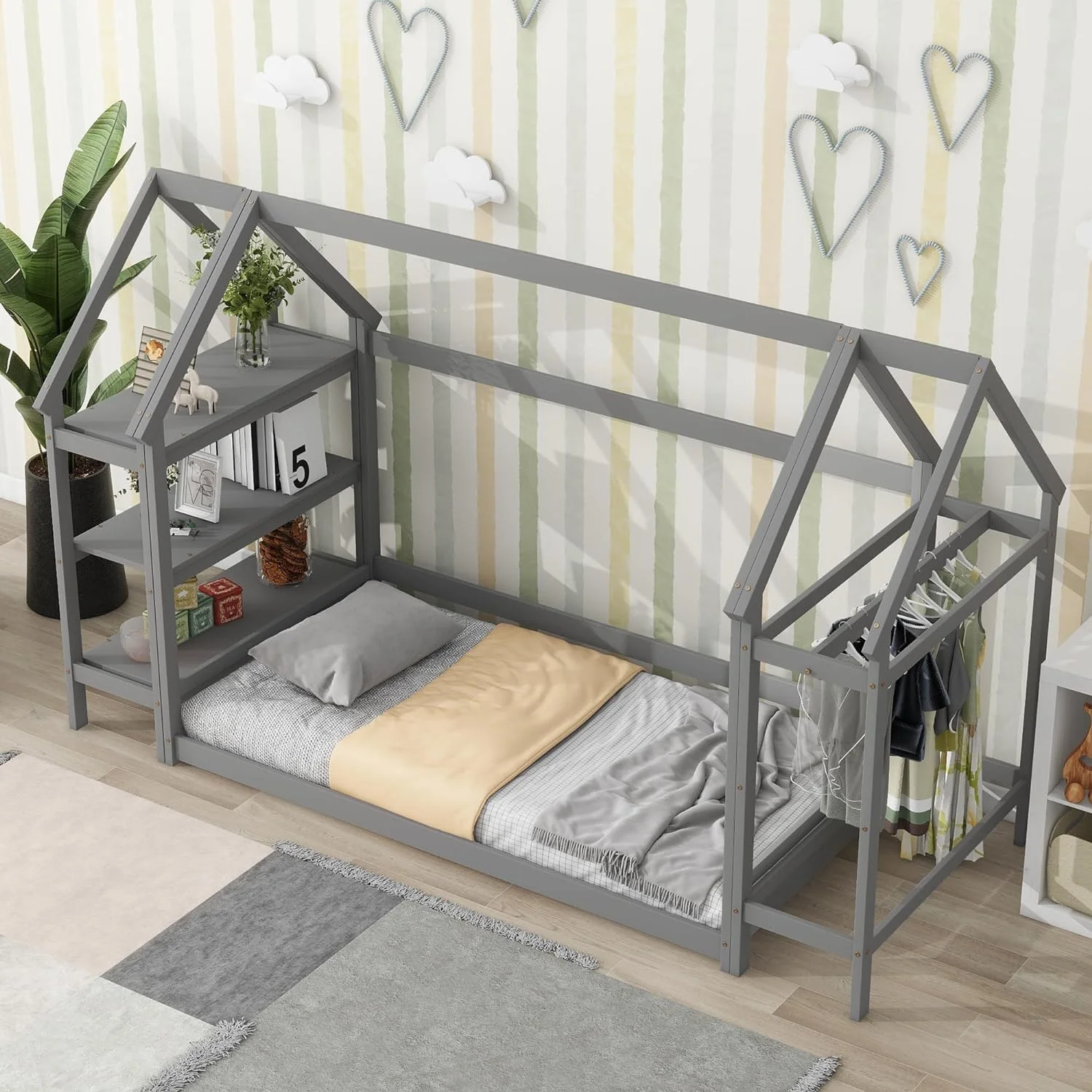 House Bed Size Monessori Floor Bed Frame Wih Sorage Shelves, Wood Bed Frame Wih Roof And 2 Deachable Sands, Box Spring Needed, For Kids eens Girls Boys ( Size, Gray)