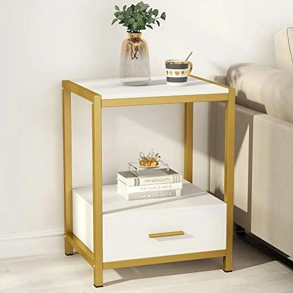 25 inch Tall Gold Nightstands with Drawers and Shelf Modern Bedside Table End Table Side Table for Bedroom Living Room (1 pc Gold and White)
