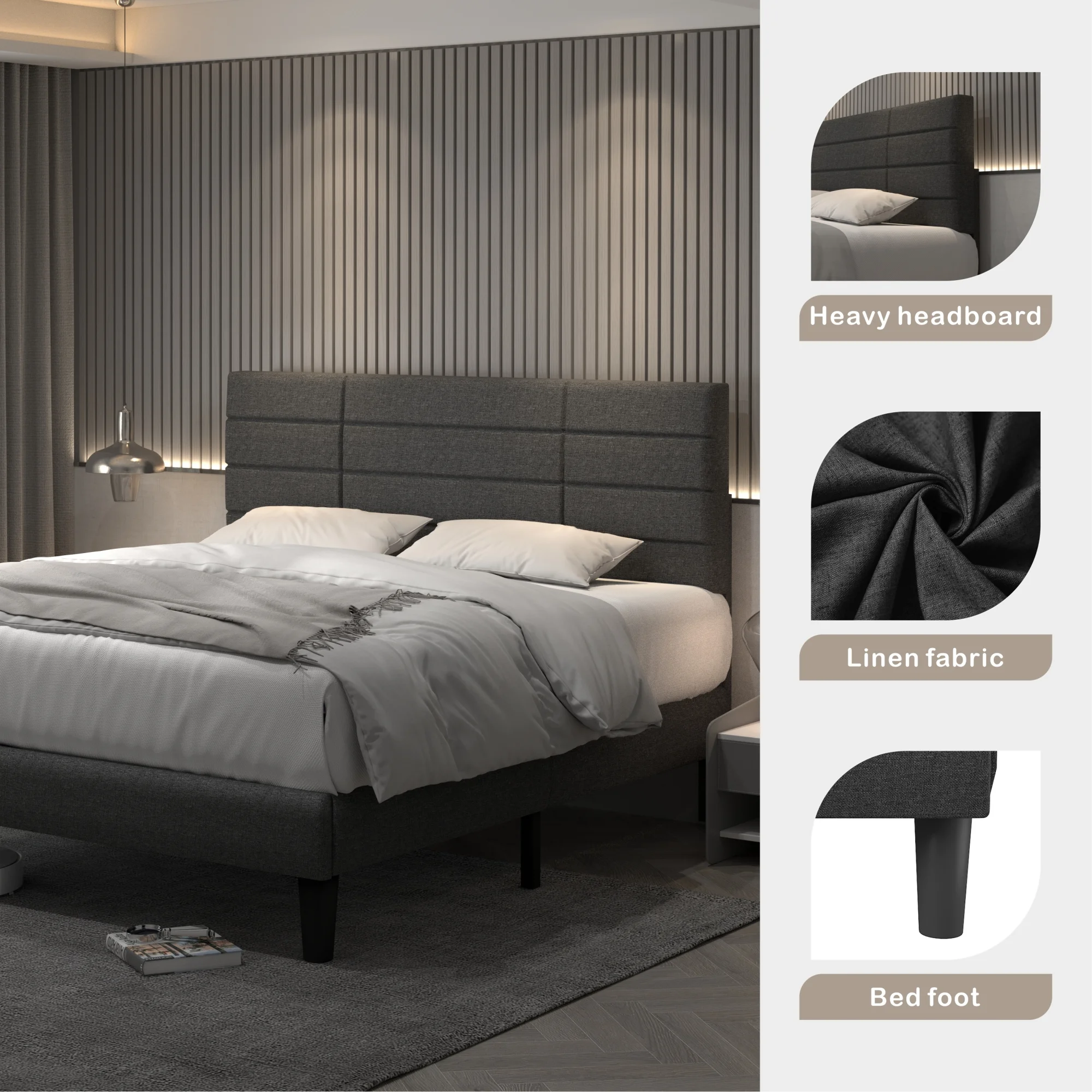 Dark Grey Full Size Bed Frame with Upholstered Headboard, Strong Frame, Wooden Slats, No Box Spring Needed