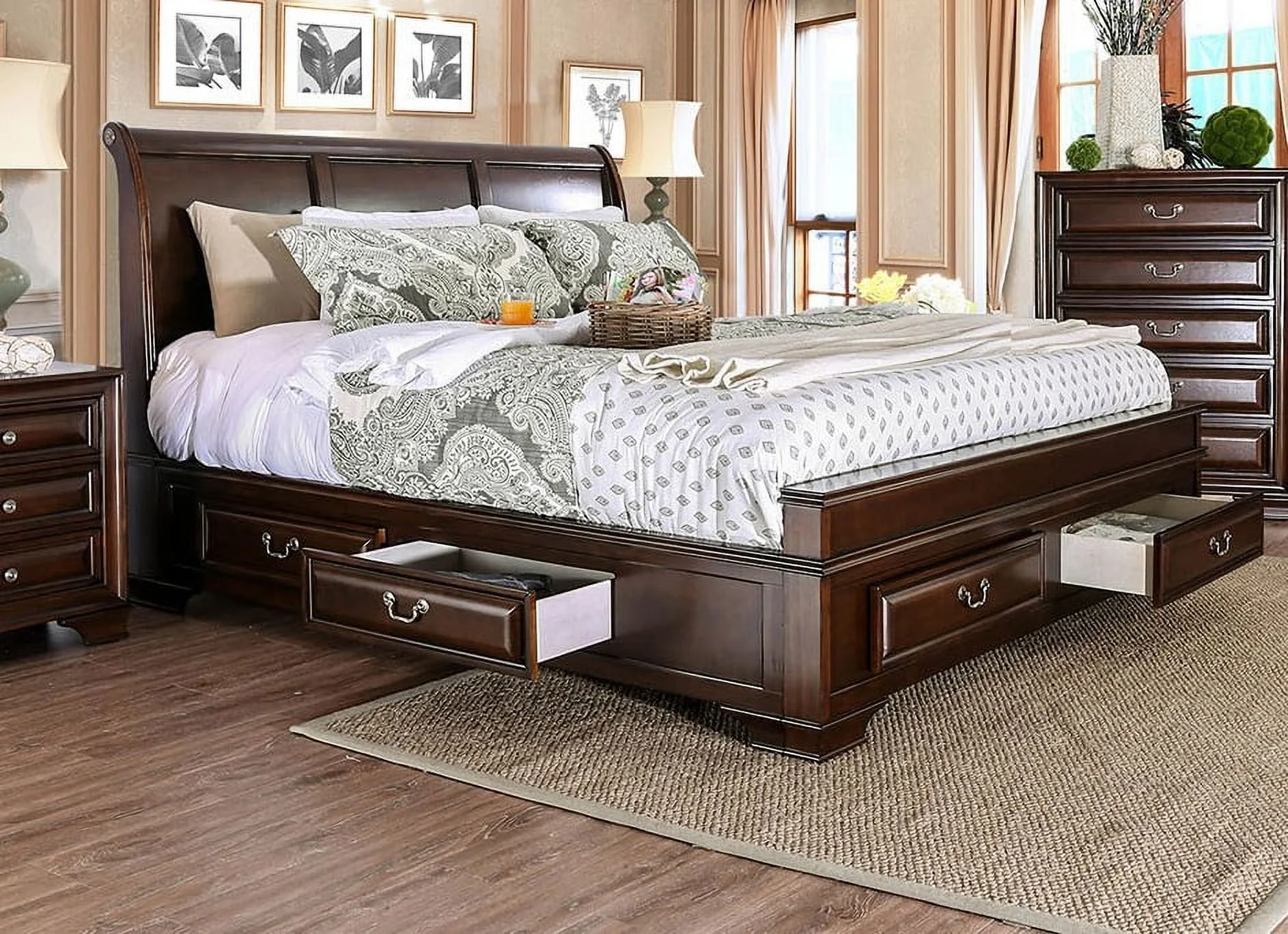 Brown Cherry Storage California king Size Bed Bedroom Furniture Solid wood Rail Drawers Wood inlay Nickel Pulls Storage Drawers bed