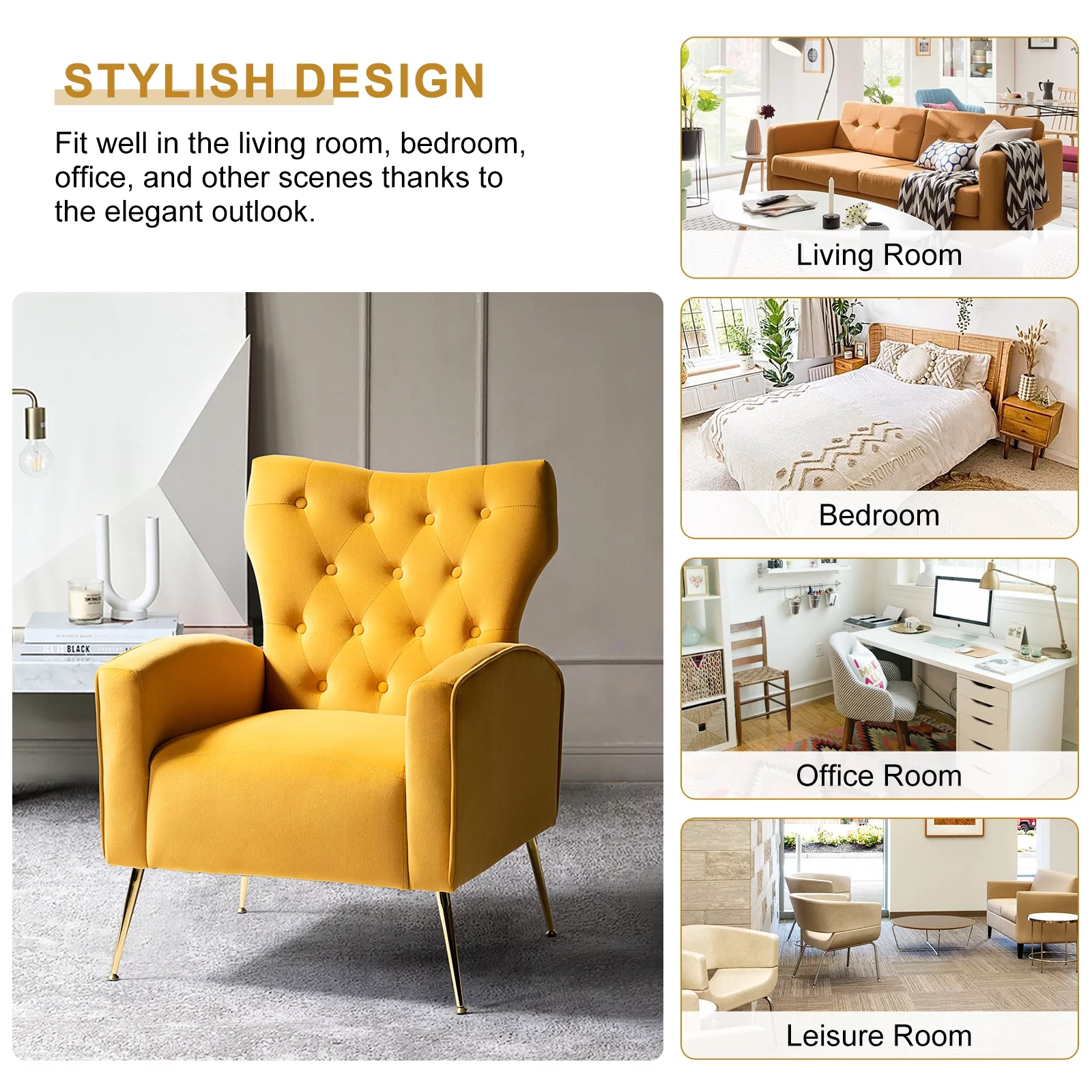 Fall Home Decor Velvet Accent Chair Button Tufted Armchair Metal Legs Adult Living Room Mustard
