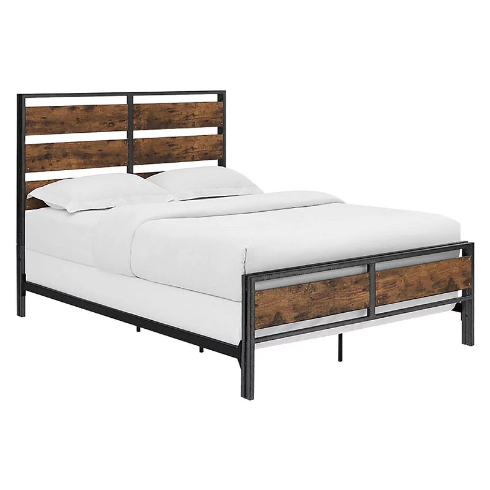 Industrial Queen Size Metal and Wood Plank Bed - Brown