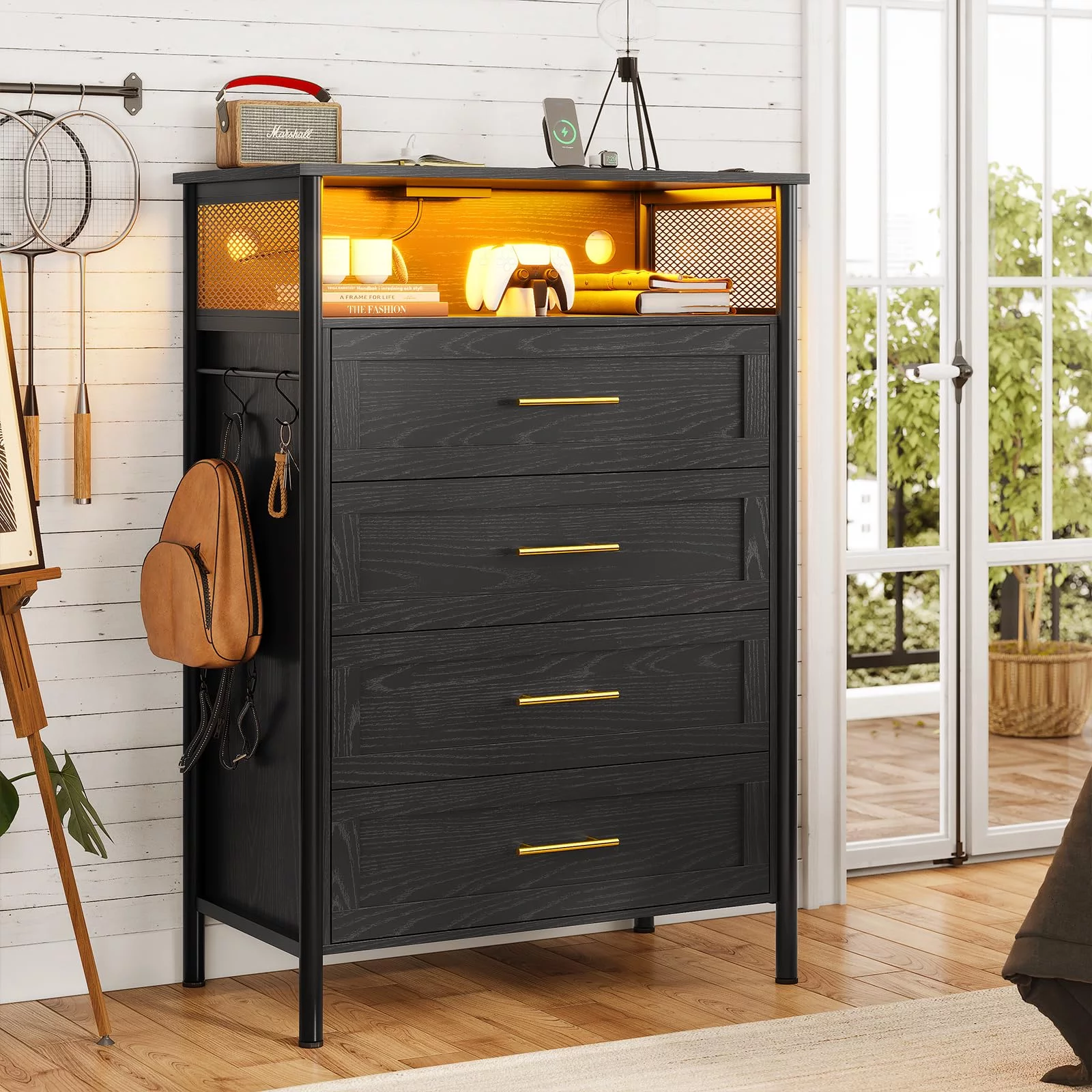 Afuhokles 4 Drawer Dresser for Bedroom with Charging Station, Black Dressers and Chests of Drawers with Led Lights and Cloth Pocket