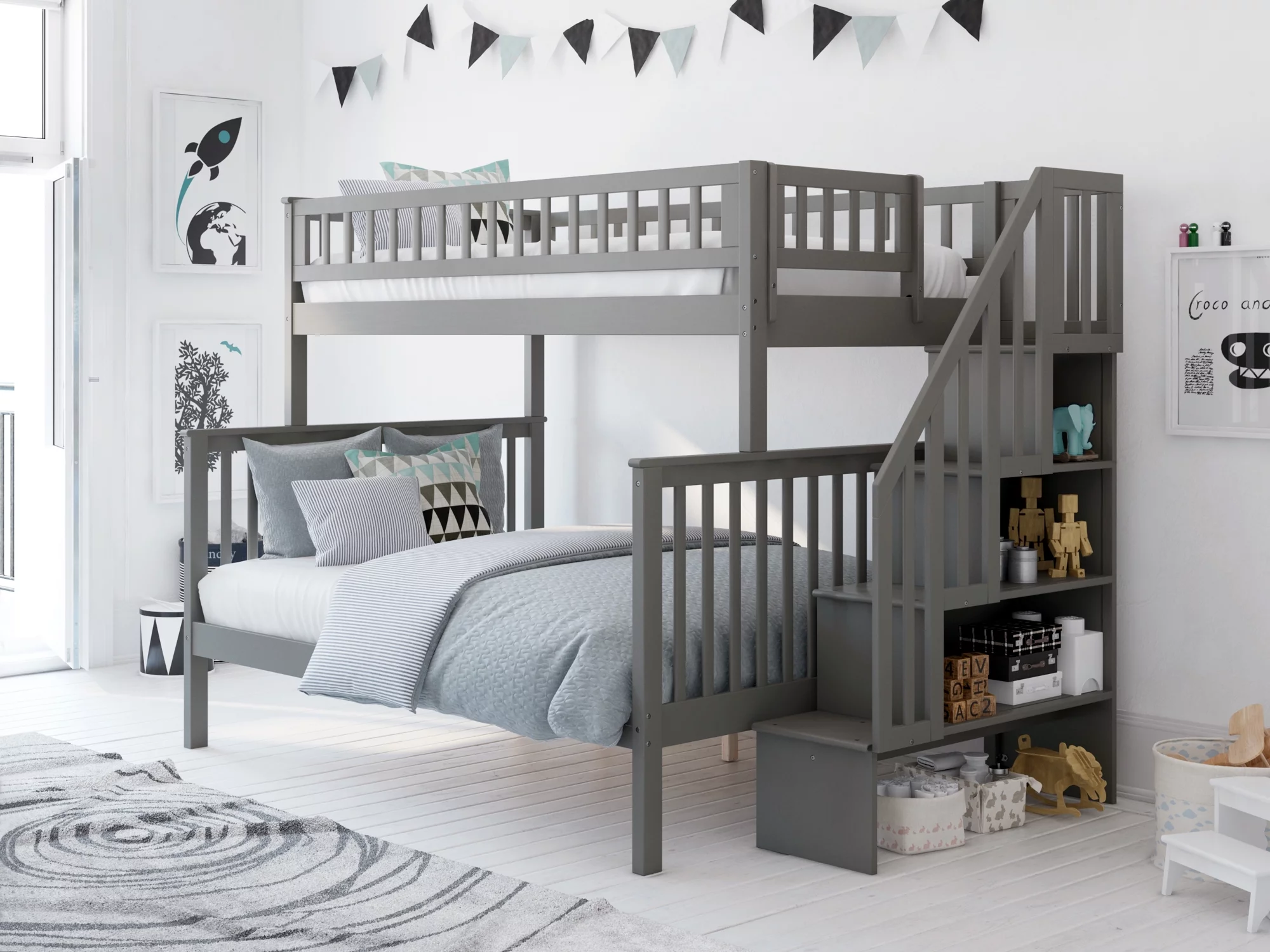 Woodland Staircase Bunk Bed Twin over Full in Grey