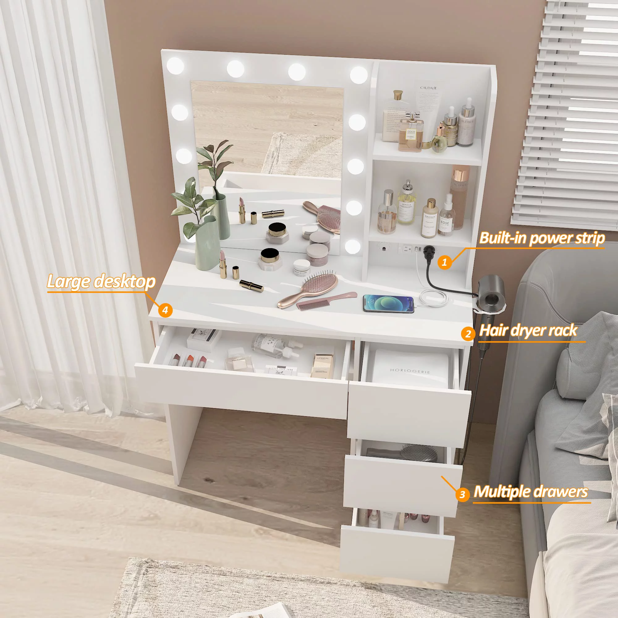 Veanerwood Makeup Vanity with Lights, Bedroom Vanity Table with Power Strip, Modern Dressing Table, 4 Drawers, 37in, White